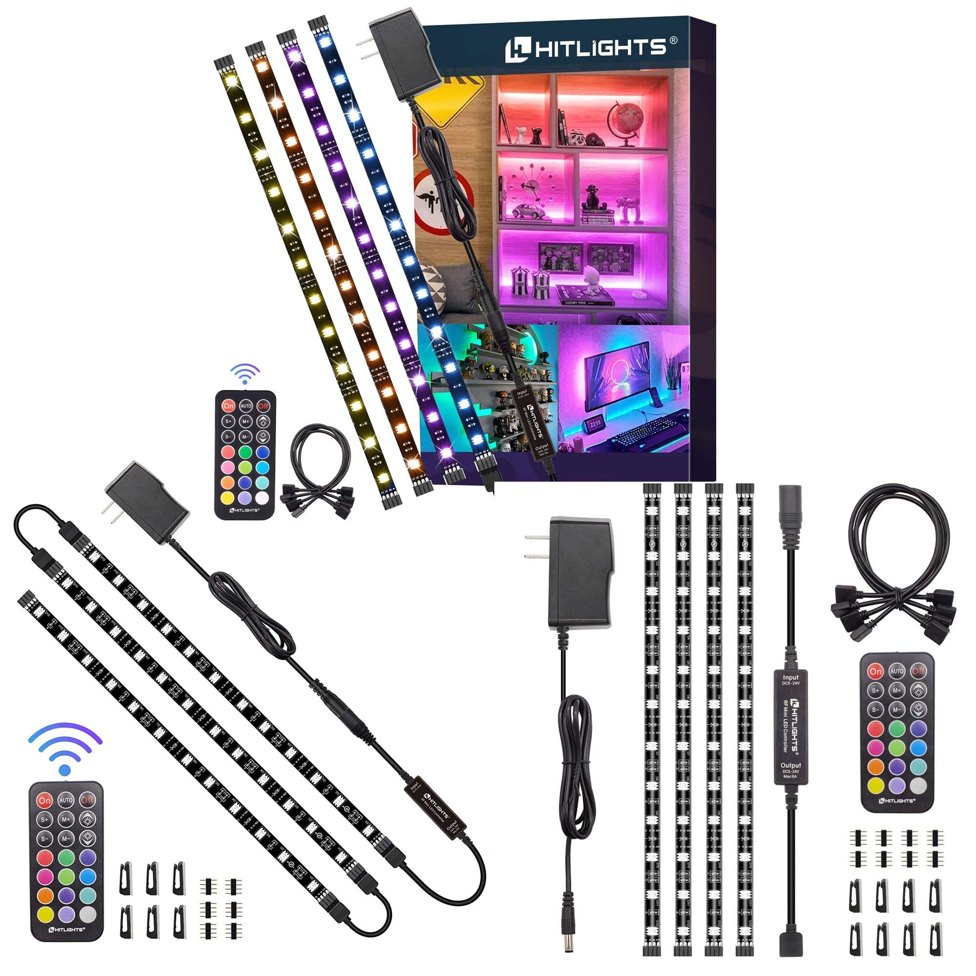 HitLights LED Strip Lights 3 Pre-Cut+4 Pre-Cut combination, 12Inch per strip, LED Light Strip Flexible Color Changing 5050 LED Accent Kit with RF Remote, Power Supply, and Connectors for TV, Home, DIY