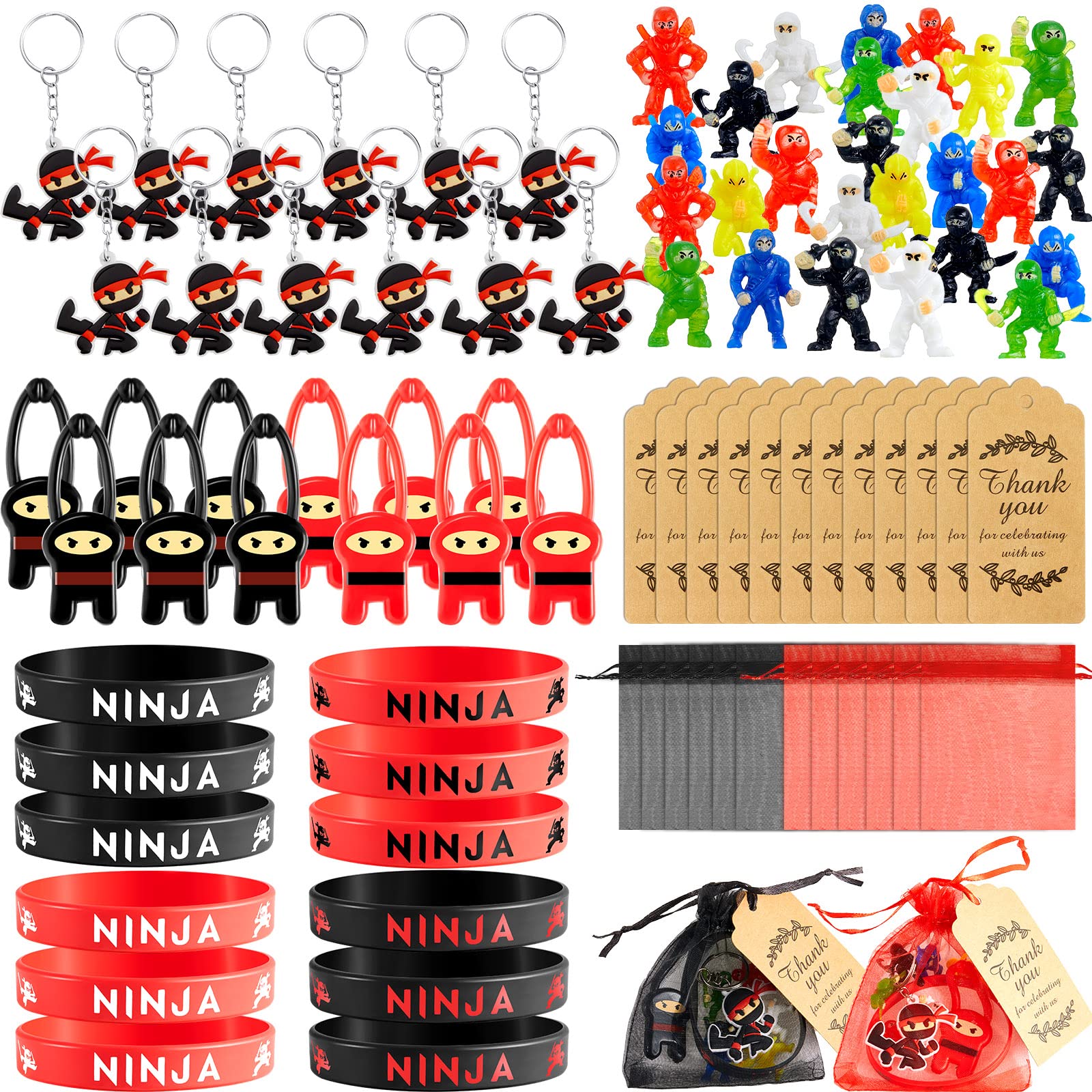 84 Pcs Ninja Party Favors Include 12 Stretchy Flying Ninjas, 24 Mini Ninja Figurines, 12 Ninja Silicone Wristbands, 12 Ninja Keychains, 12 Red and Black Organza Bags and 12 Gift Tags for Birthday