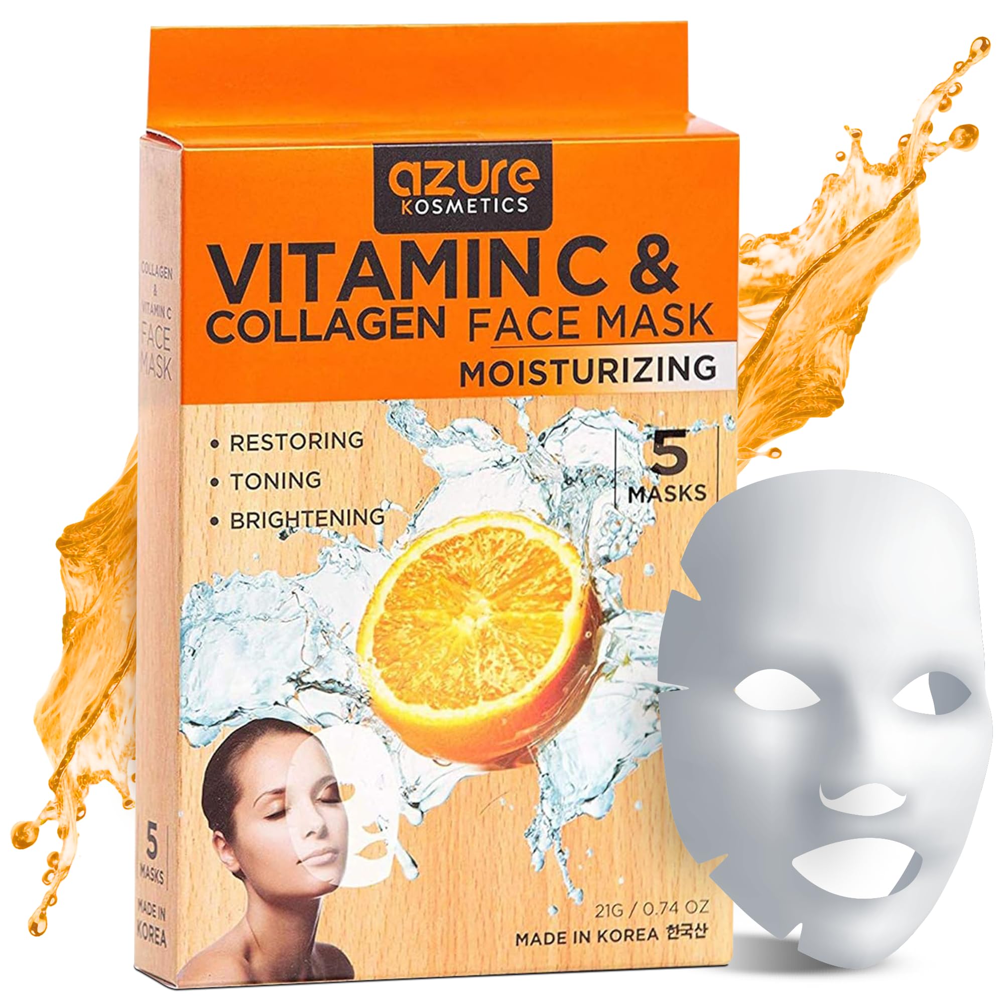 AZURE Vitamin C & Collagen Moisturizing Facial Mask- Anti Aging, Deeply Moisturizing & Firming - Brightening Mask, Improves Elasticity - Skin Care Made in Korea - 5 Pack