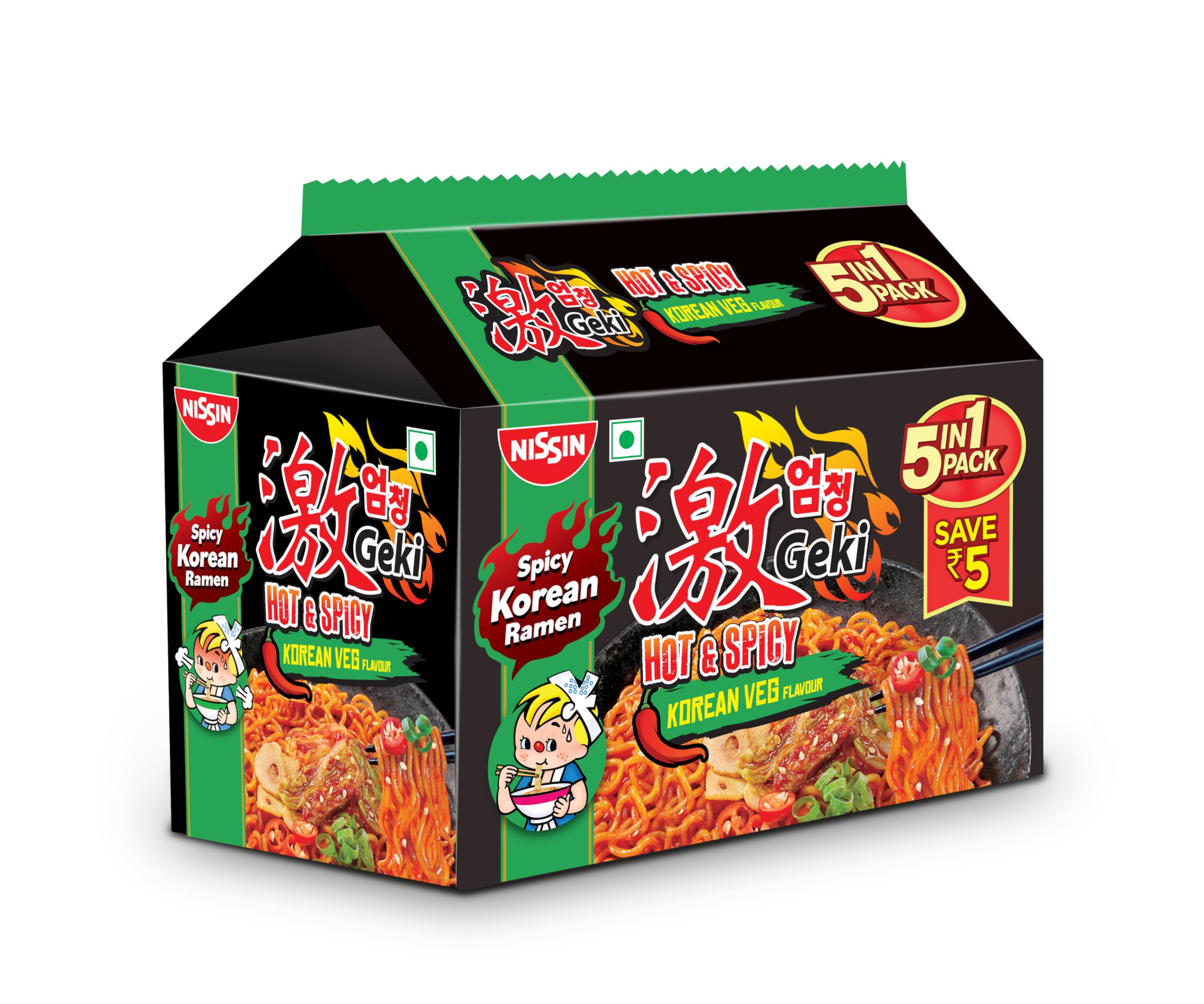 Nissin Geki Hot & Spicy Korean Ramen Instant Noodles Veg (5 in 1 pack), 400 gm | Spicy Korean Noodles with Rich Veg Flavor | Instant Meal