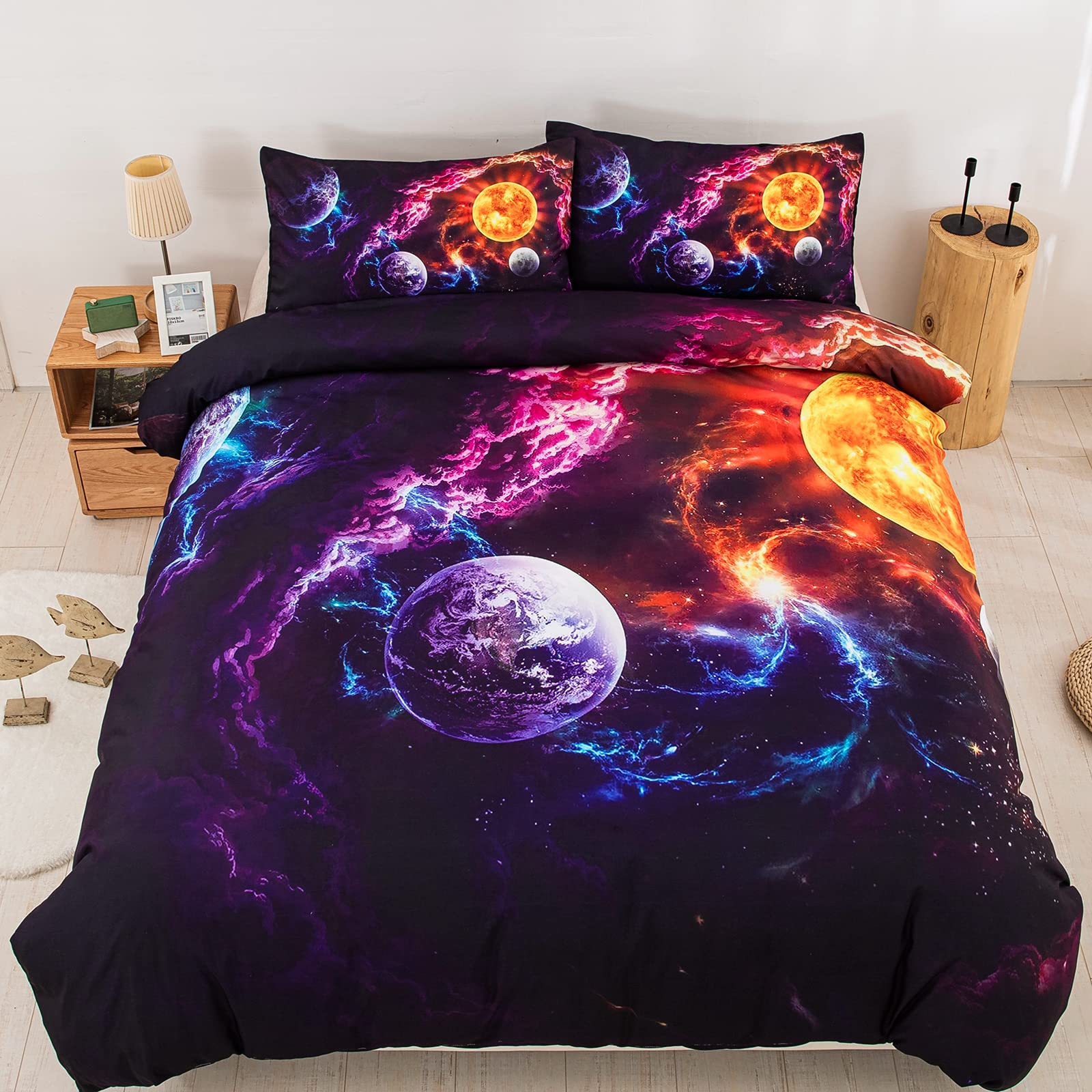 Galaxy Planet Printed Duvet Cover Set Soft Microfiber Bedding Set for Adults Teenager Kids 3Pcs with Zipper Closure for Home Decoration (King, 220x230cm)