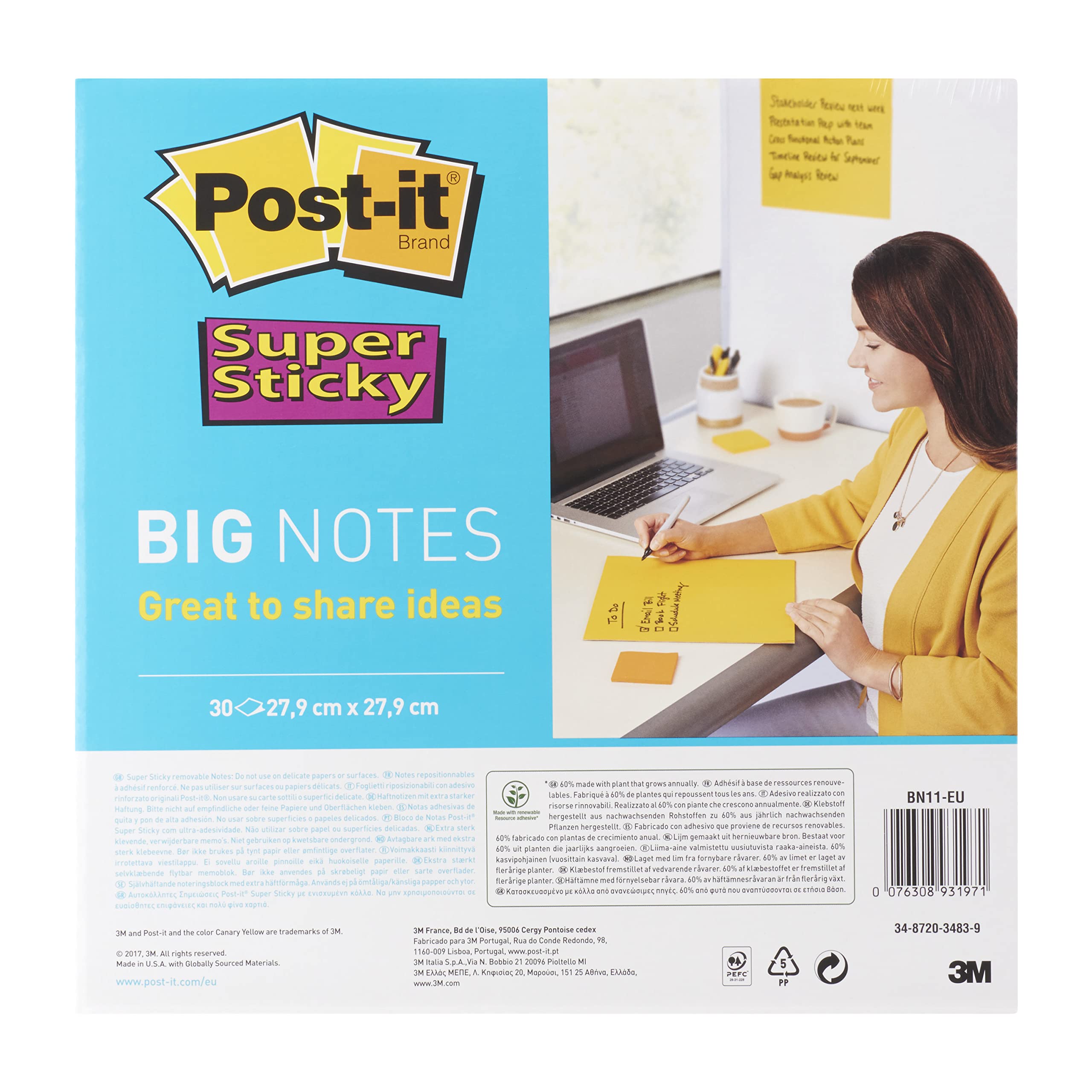 Post-it Super Sticky Big Notes, Pack of 1 Pad, with 30 Sheets ,279 mm x 279 mm, Yellow - Large Extra Sticky Notes For Note Taking, To Do Lists & Reminders