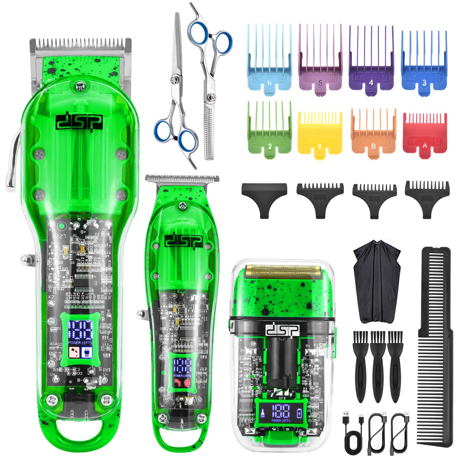 DSP® Hair Clipper, Trimmer, Beard Shaver Kit for Men Professional Barber Set for Hair and Beard Cutting Zero Gap Beard Trimmer, Rechargeable Bald Fade Clippers with LED Display (Green)