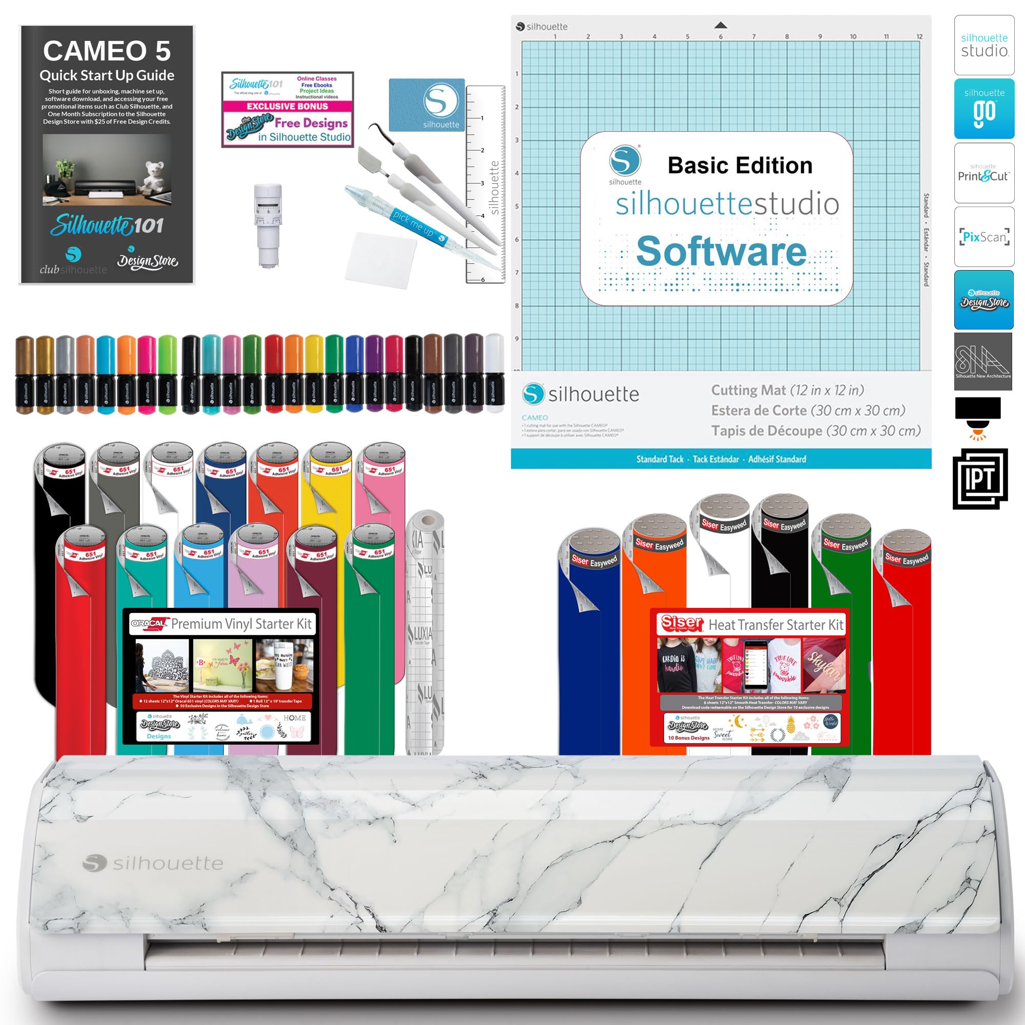 Silhouette America Silhouette Cameo 5 Bundle with Vinyl Starter Kit, Heat Transfer Starter Kit, 24 Pack of Pens, Tool Kit, Cameo 5 Start Up Guide with Extra Designs (Marble)