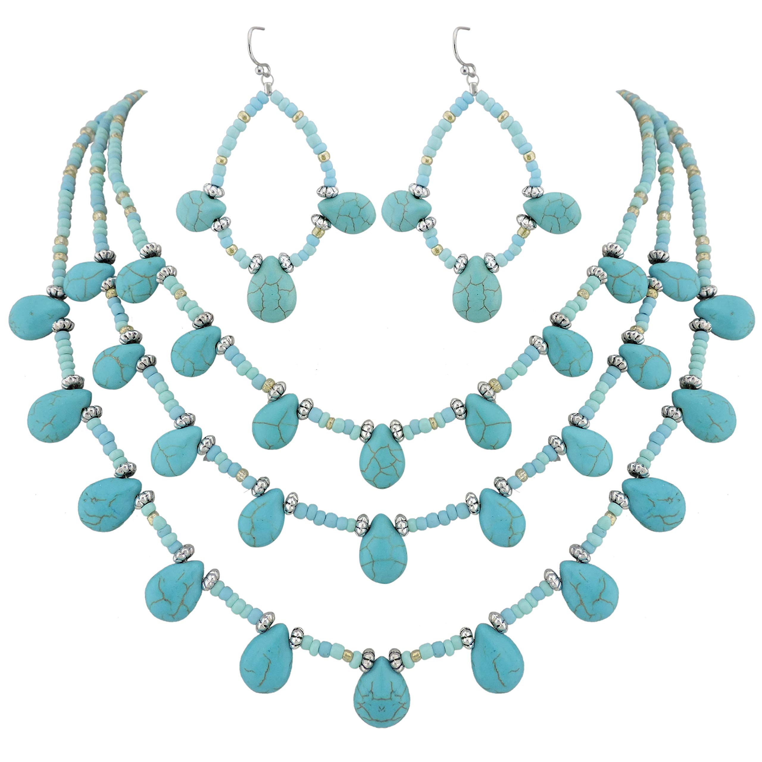 Simulated Turquoise Beads Strand Statement Necklace for Women with Earrings