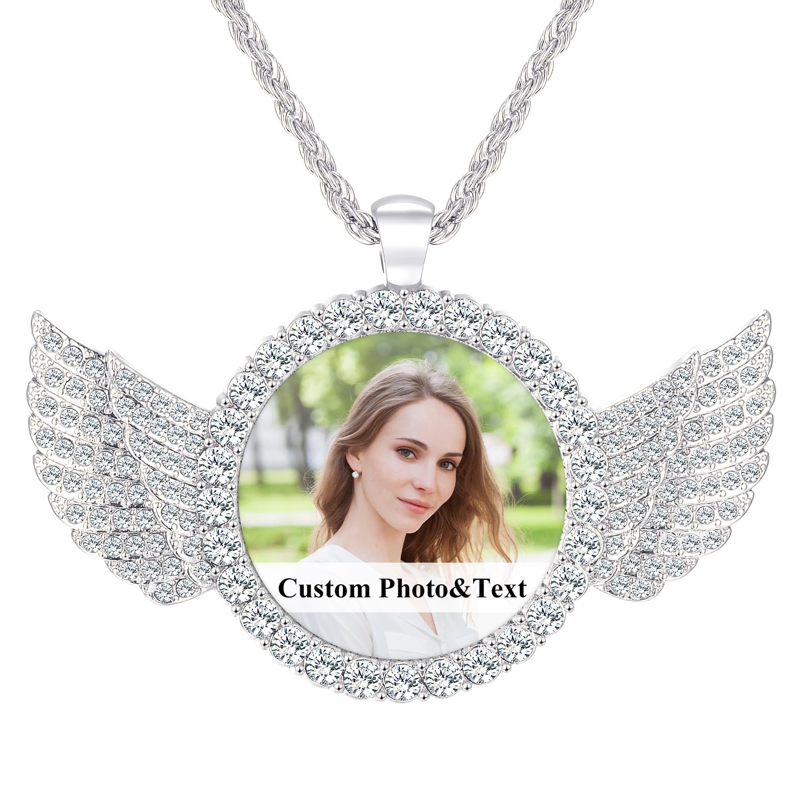 WyleavesPremium Custom Necklaces with Pictures - Photo Necklace Picture Pendant Personalized Custom Memory Necklaces Angel Wings Round Chain Gifts for Men Women