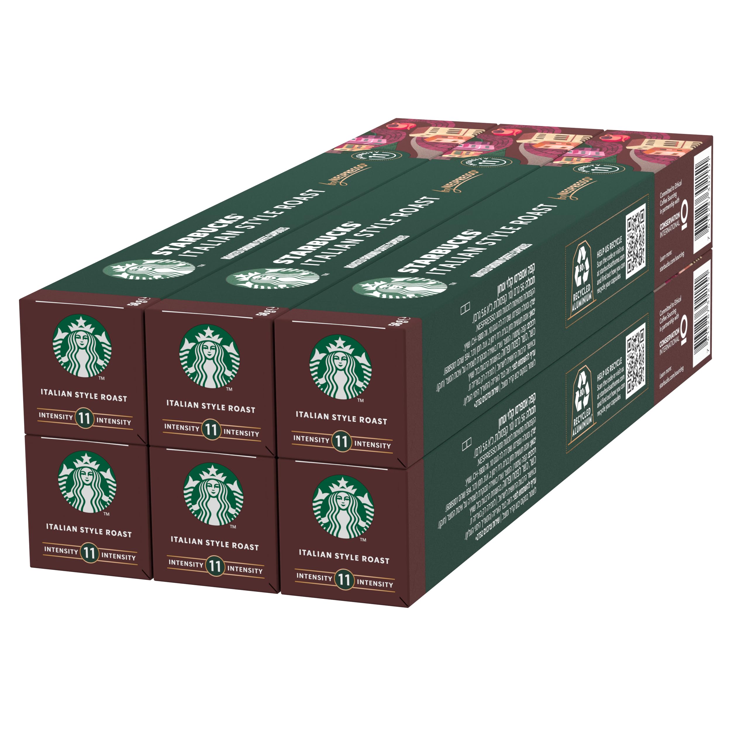 STARBUCKSItalian Style Roast by Nespresso, Dark Roast, Coffee Capsules 6 x 10 (60 Capsules)