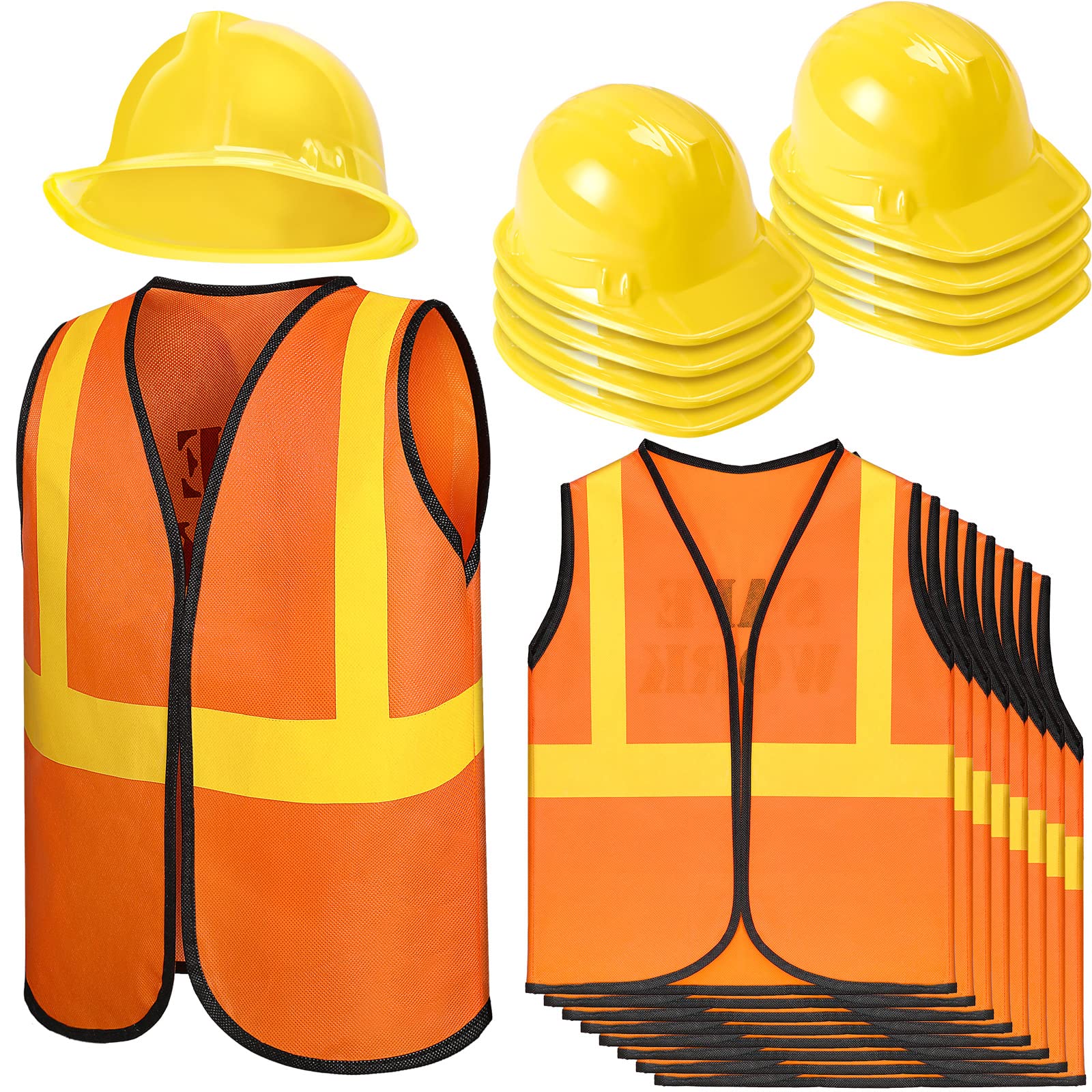 Geyoga 16 Pcs Construction Vest for Kids Party Favors Hard Hat Construction Dressing Up Supplies Construction Funny Worker Costume for Birthday Party, Including 8 Vests and 8 Construction Hats