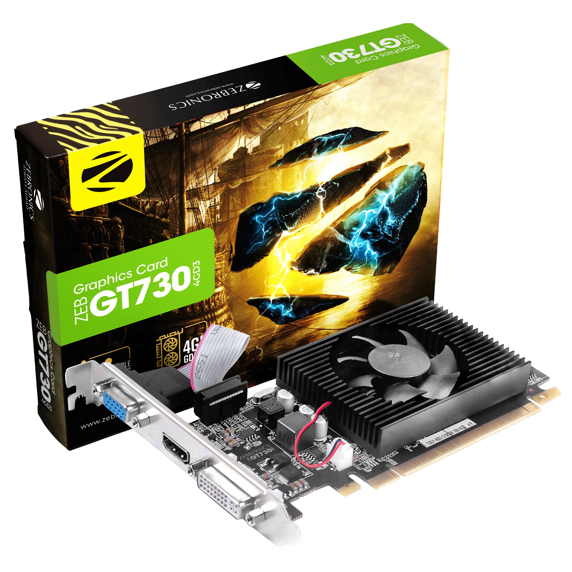 ZEBRONICS- GT730 4GD3, Powered by NVIDIA, 4GB GDDR3 Graphics Memory | 64 bit Memory Bus | PCI Express (pci_e 2.0) x 8 | DirectX 12 | OpenGL 4.4 | Maximum Supported Resolution 4096 x 2160 @24Hz