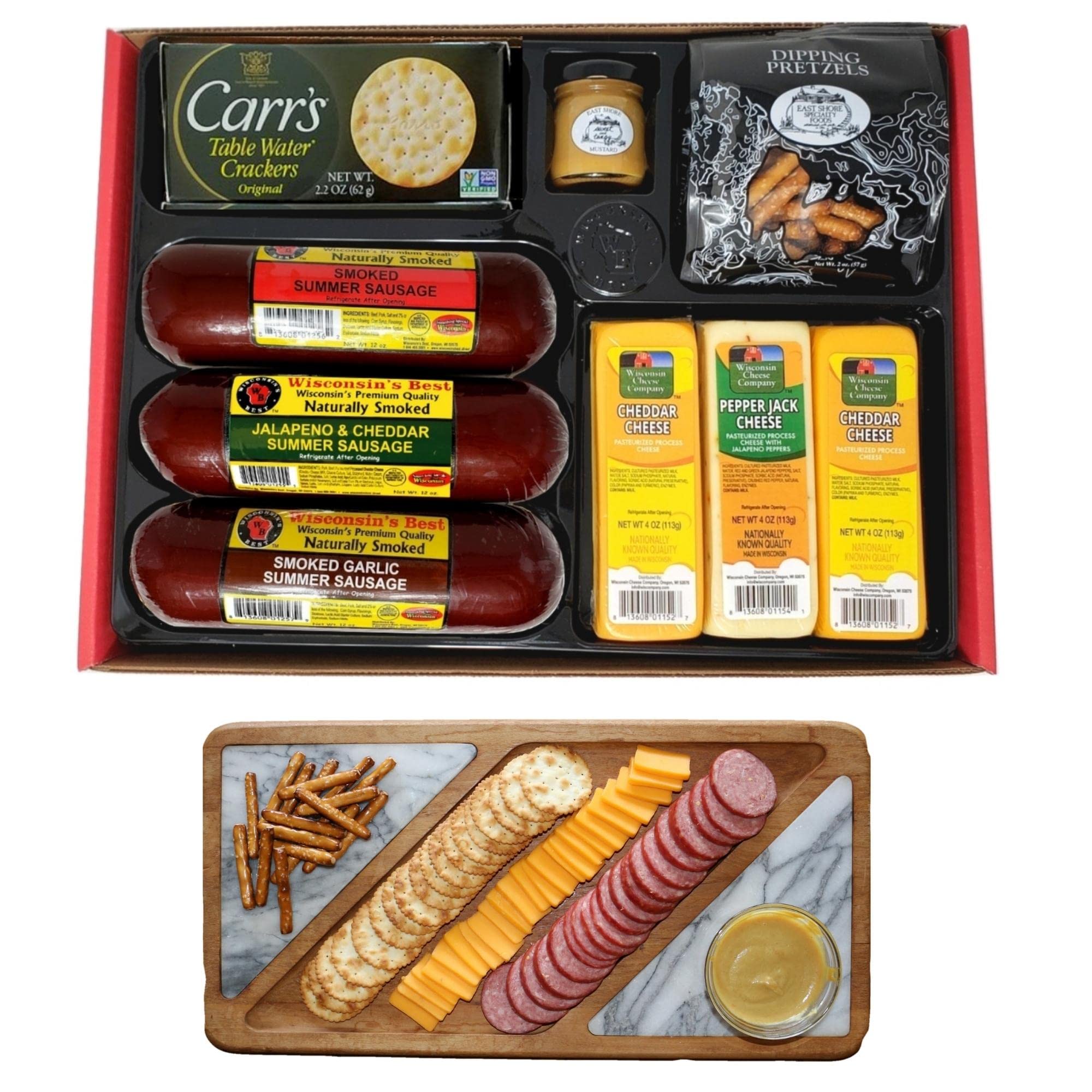 Party Gift Basket - Features Smoked Summer Sausages 100% Wisconsin Cheeses Crackers Pretzels & Mustard | Perfect for Parties. Great Holiday Christmas Food Gift