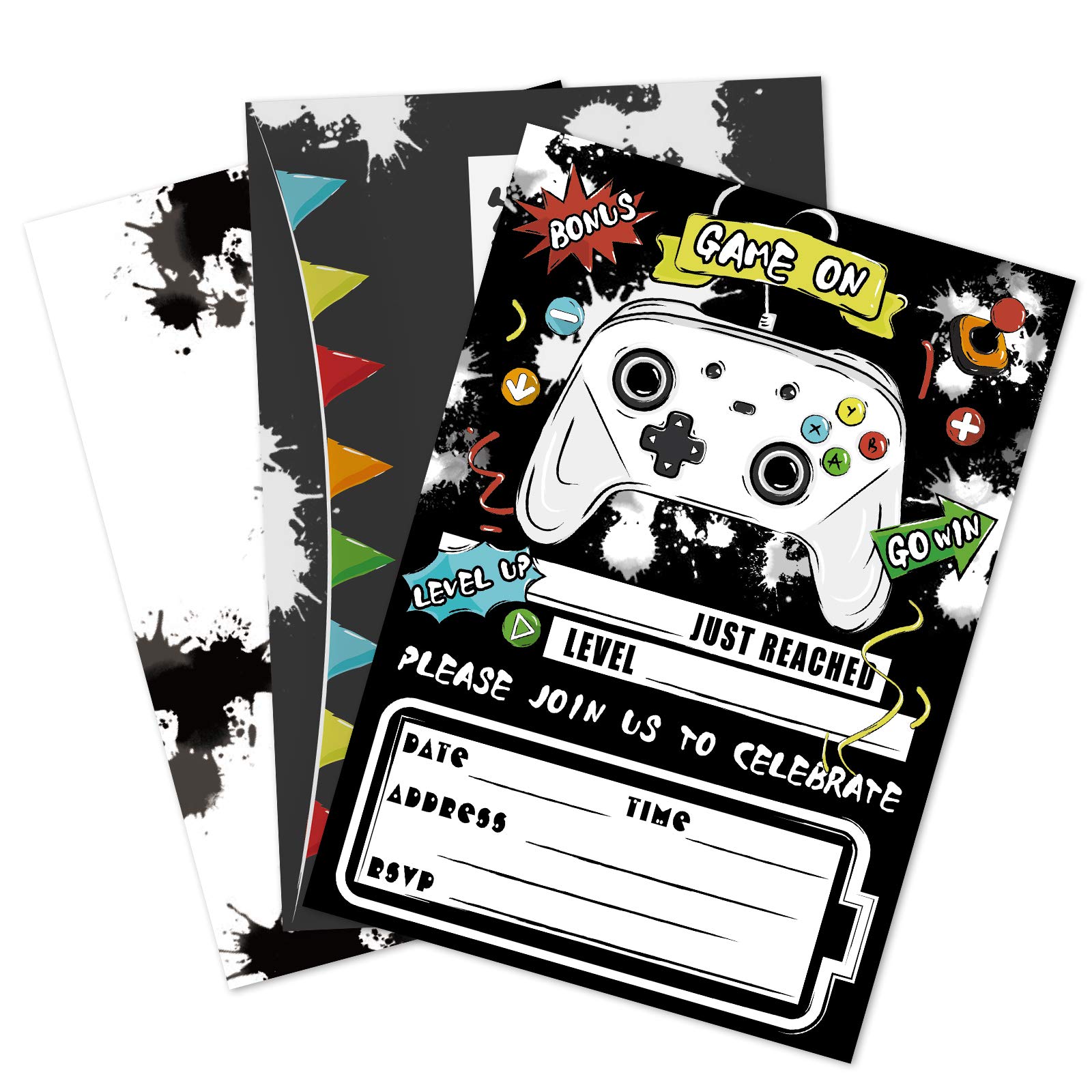 WERNNSAIWatercolor Video Game Party Invites - 20 Set Fill-in Invitations with Envelopes for Boys Game Theme Birthday Party Supplies Double-Sided Printed Invitation Cards