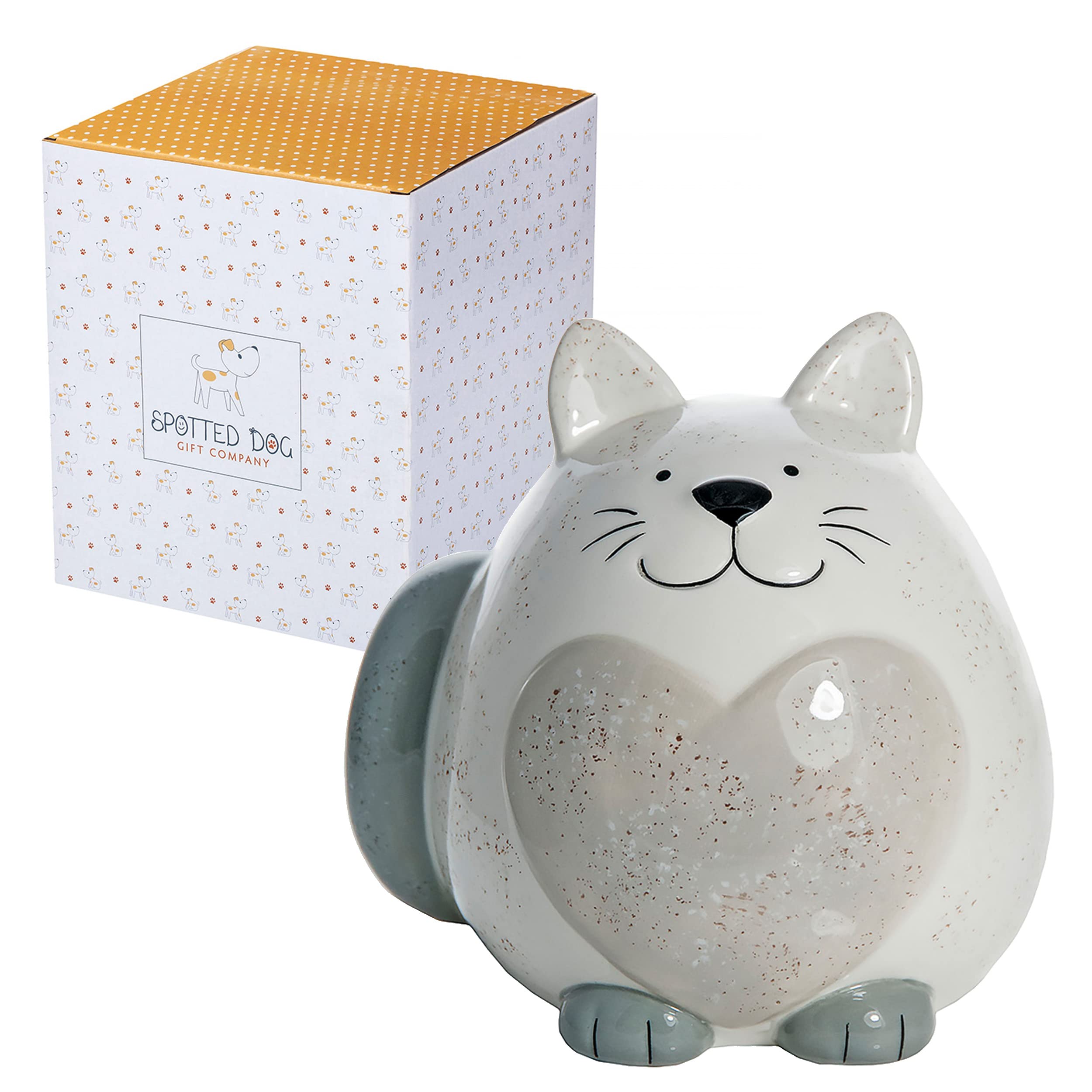 SPOTTED DOG GIFT COMPANY Cat Money Box for Kids Adults, Cute Ceramic Piggy Bank for Savings Coins Cash, Fun Decorative Home Decor Accessories, Gifts for Cat Lovers, White 12cmx13cm