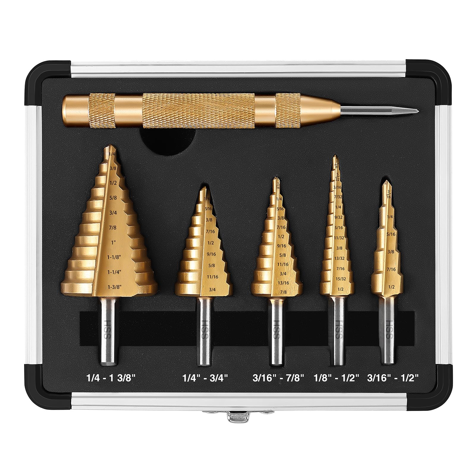 DOVAMAN 5PCS Step Drill Bit, 50 Size HSS Step Drill, Automatic Center Punch, Titanium-Coated, 118° X-Shaped Split Tip, w/Aluminum Case, Step Drill Bit Set for Metal, Wood & Plastic - STD06A