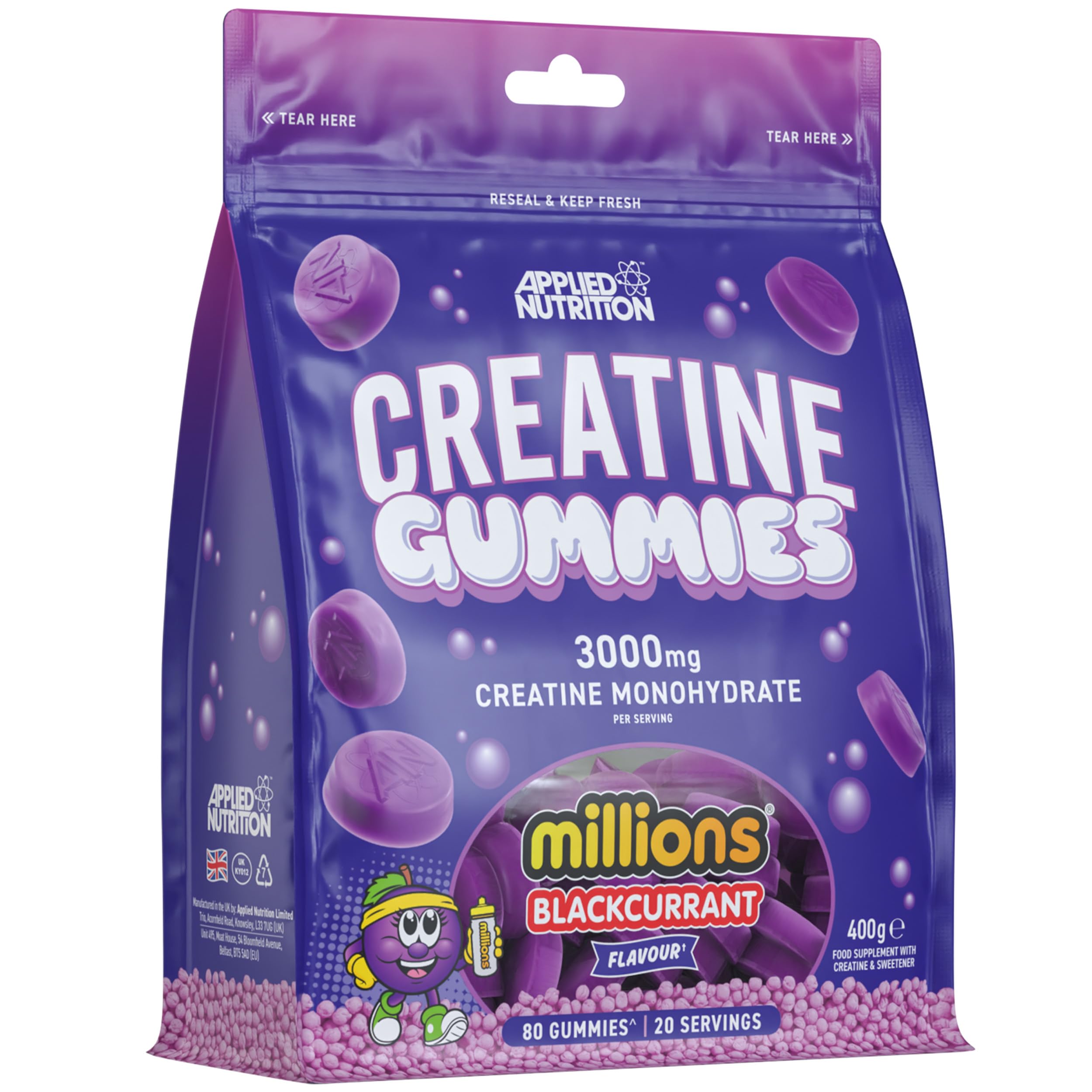 Applied Nutrition Creatine Gummies - 3000mg Creatine Monohydrate per Serving - 80 Chewable Vegan Gummies for Strength, Power & Recovery (20 Servings) (Blackcurrant Millions)