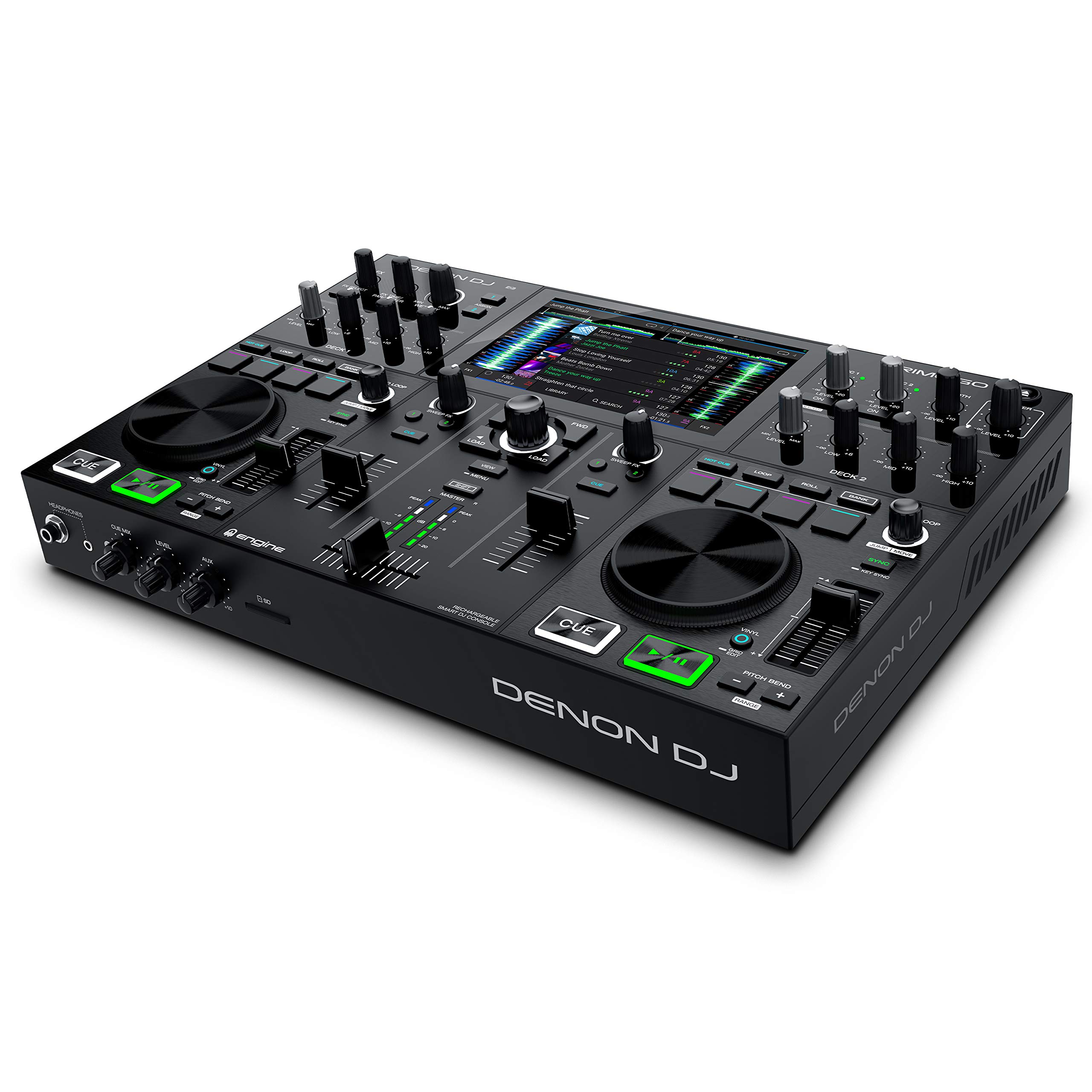 Denon DJPRIME GO – Portable DJ Controller and Mixer with 2 Decks, WIFI Streaming, 7-Inch HD Touchscreen, DJ Set with Lights Control and Rechargeable Battery