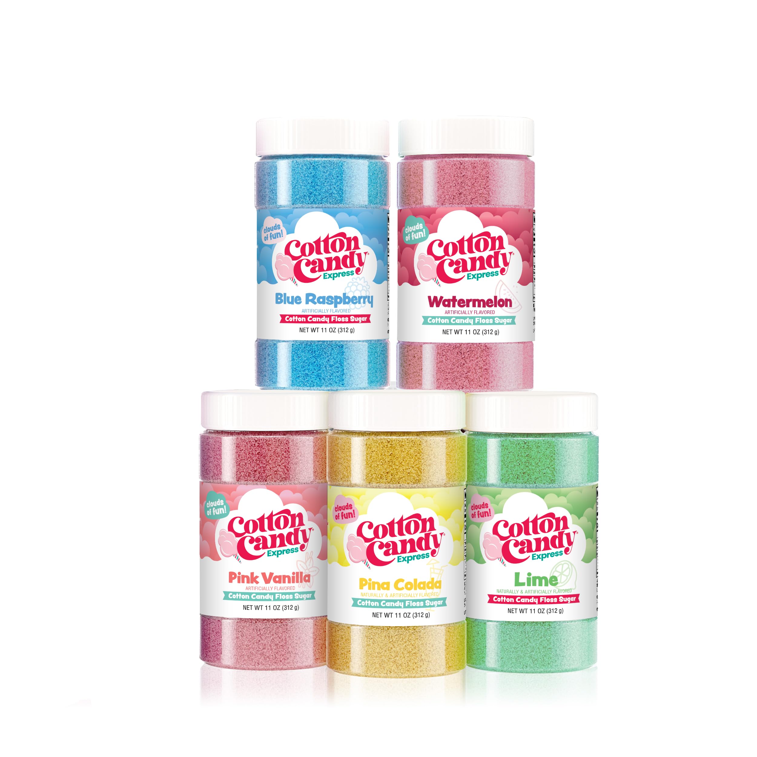 Cotton Candy Express Floss Sugar Variety Pack 5 - 11oz Plastic Jars of Lime, Watermelon, Pina Colada, Blue Raspberry, Pink Vanilla Flossing Sugars. Use with Cotton Candy Express countertop machine