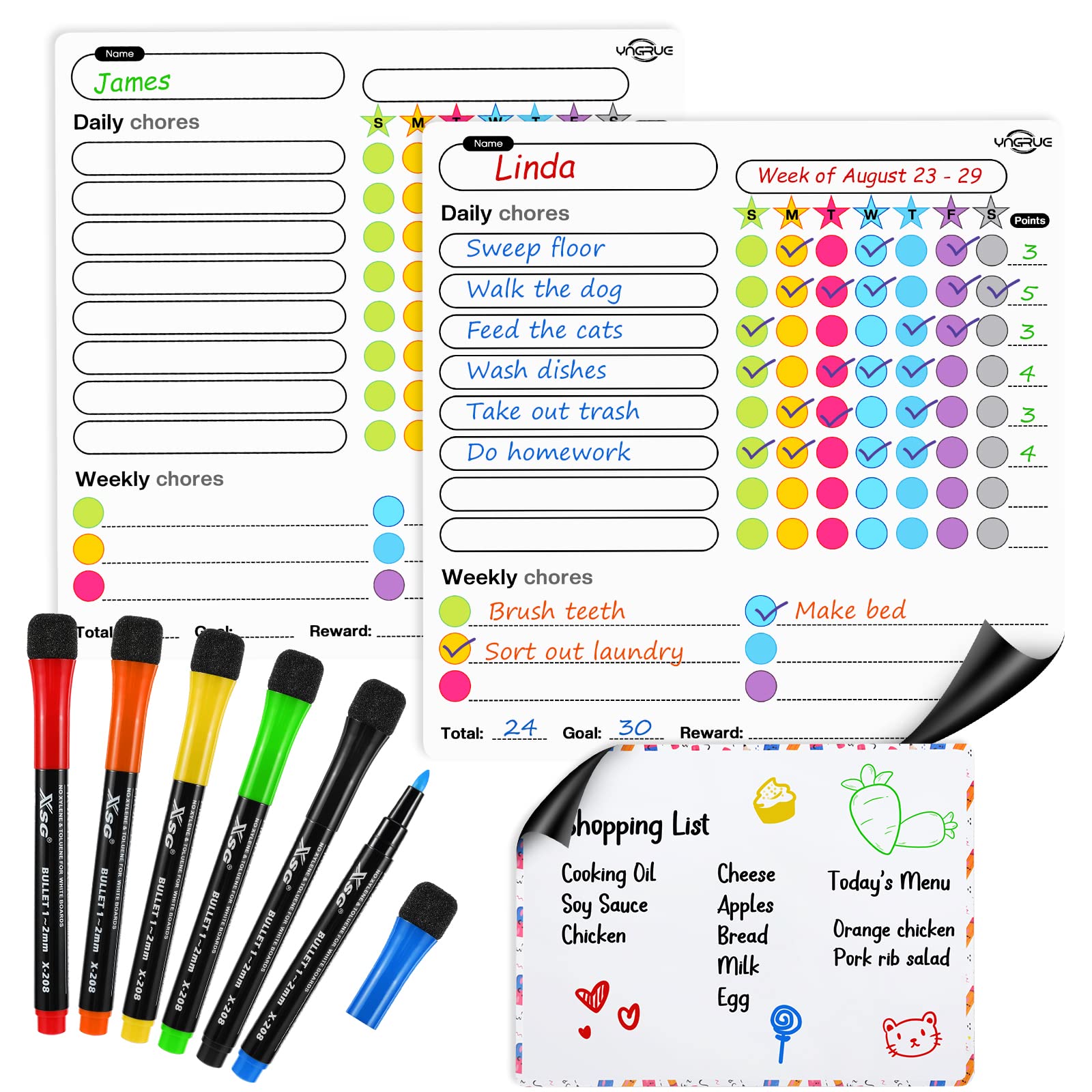 Magnetic Chore Chart, 2 Pcs Dry Erase Behavior Charts & 1 Magnetic Whiteboard and 6 Fine Tip Markers, Reward Chart for Multiple Kids Teens Adults School Home Supplies, Daily Chore List for Fridge