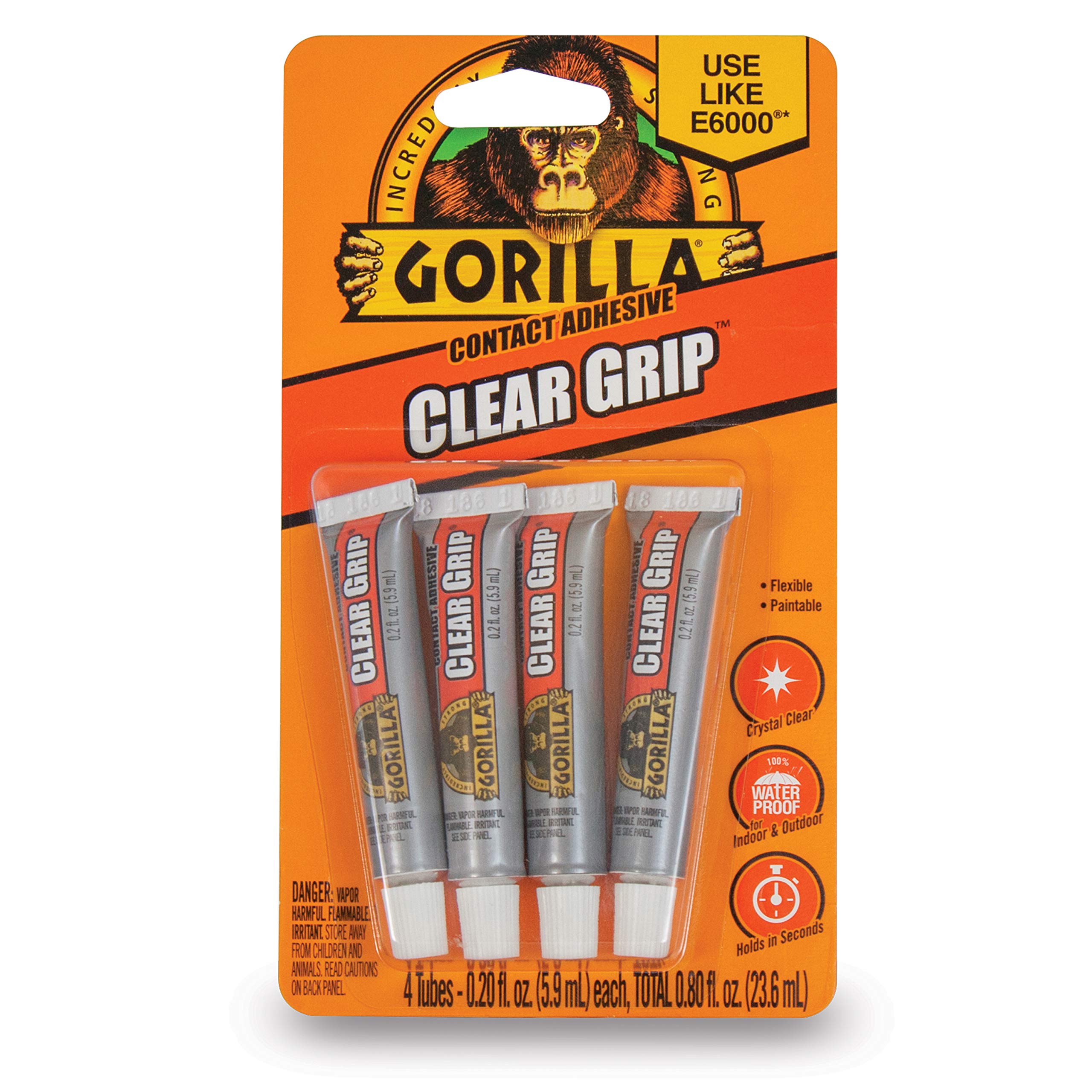 Gorilla Clear Grip Contact Adhesive Minis, Waterproof, Four .2 Ounce Tubes, Clear