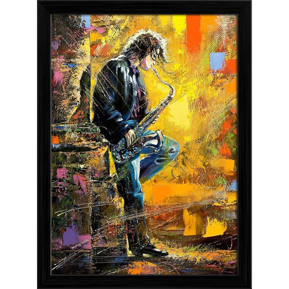 Pitaara Box The Young Guy Playing A Saxophone | Canvas Painting for Bedroom & Living Room | Black Frame | 12 x 16.3 inch (30 x 41 cms)