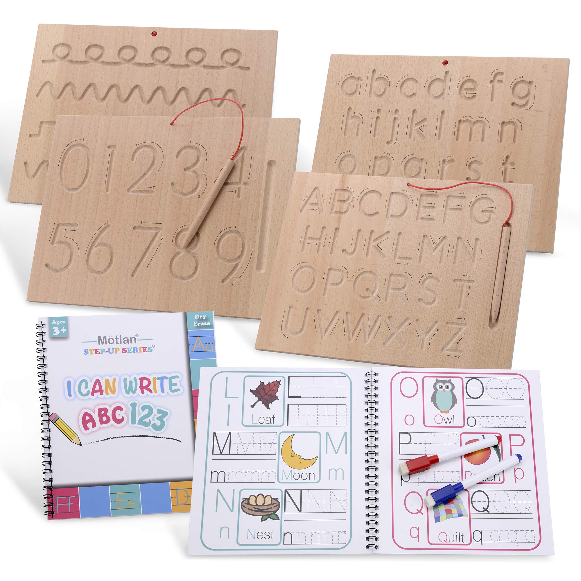 Montessori Wooden Alphabet & Numbers Tracing Board w/Dry Erase Book Bonus | Wood Letter Tracing- 2 Double-Sided Boards - for Toddlers and Preschool