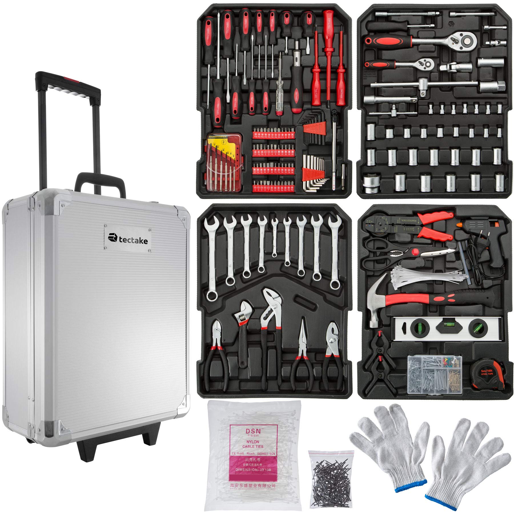 tectake® Portable Tool Box Trolley, 599-Piece Kit, with Aluminium Case, 4 Levels & Wheels. Essential DIY Tools Set, Home & Office Hand Tools, Mechanic Spanner Organiser - Home Improvement Kit