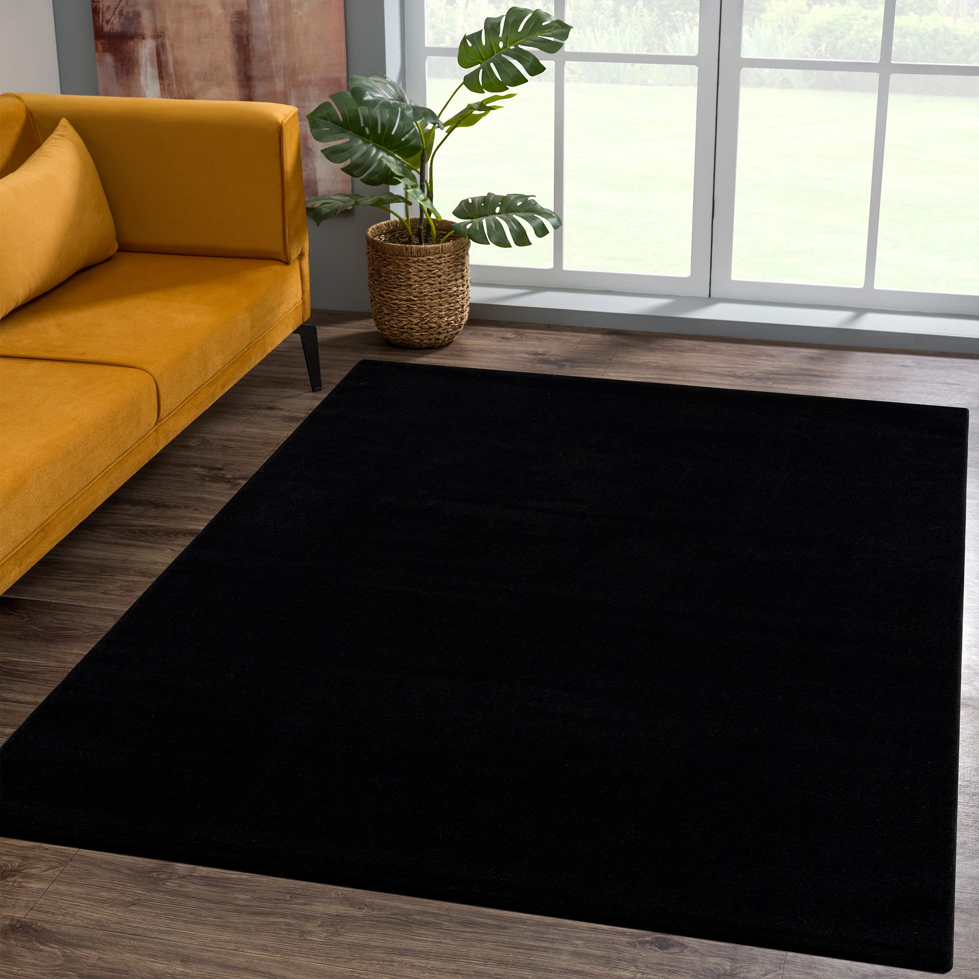 SANAT Short Pile Living Room Rug - Plain Modern Rugs for Bedroom, Study, Office, Hallway, Children's Room and Kitchen - Black, 80 x 150 cm