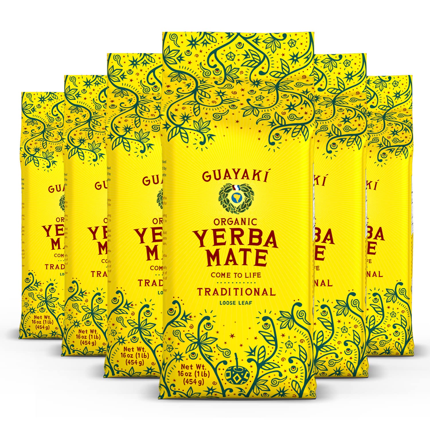 GuayakiYerba Mate, Organic Traditional Loose Leaf, 16 Ounces (Pack of 6), 40mg Caffeine per Serving, Alternative to Tea, Coffee and Energy Drinks