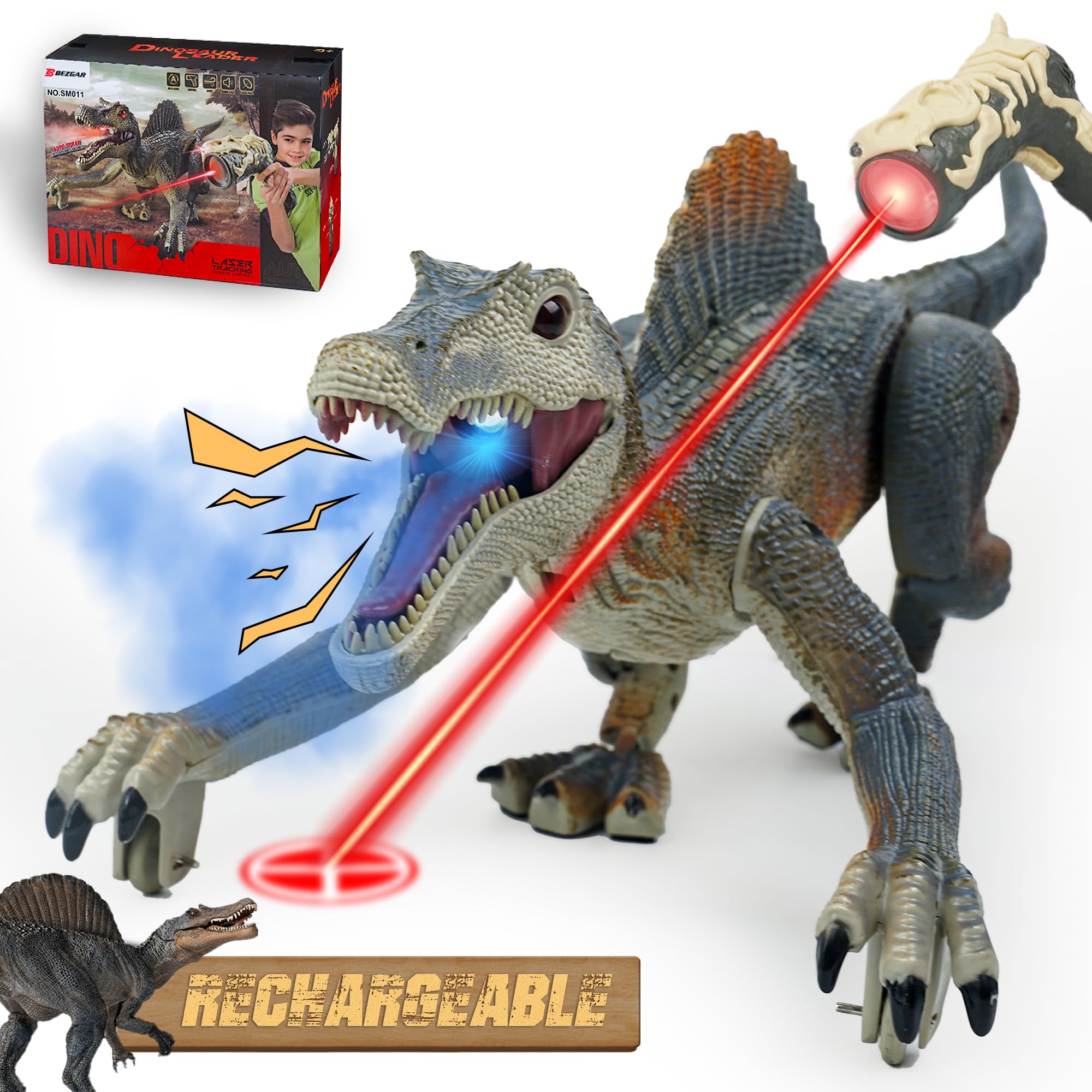 BEZGAR Remote Control Dinosaur, RC Walking Robot Dinosaur Toys with Light, Auto Spraying and Roaring Jurassic Spinosaurus Dinosaur Robot Toy for Boys 3+Years Old