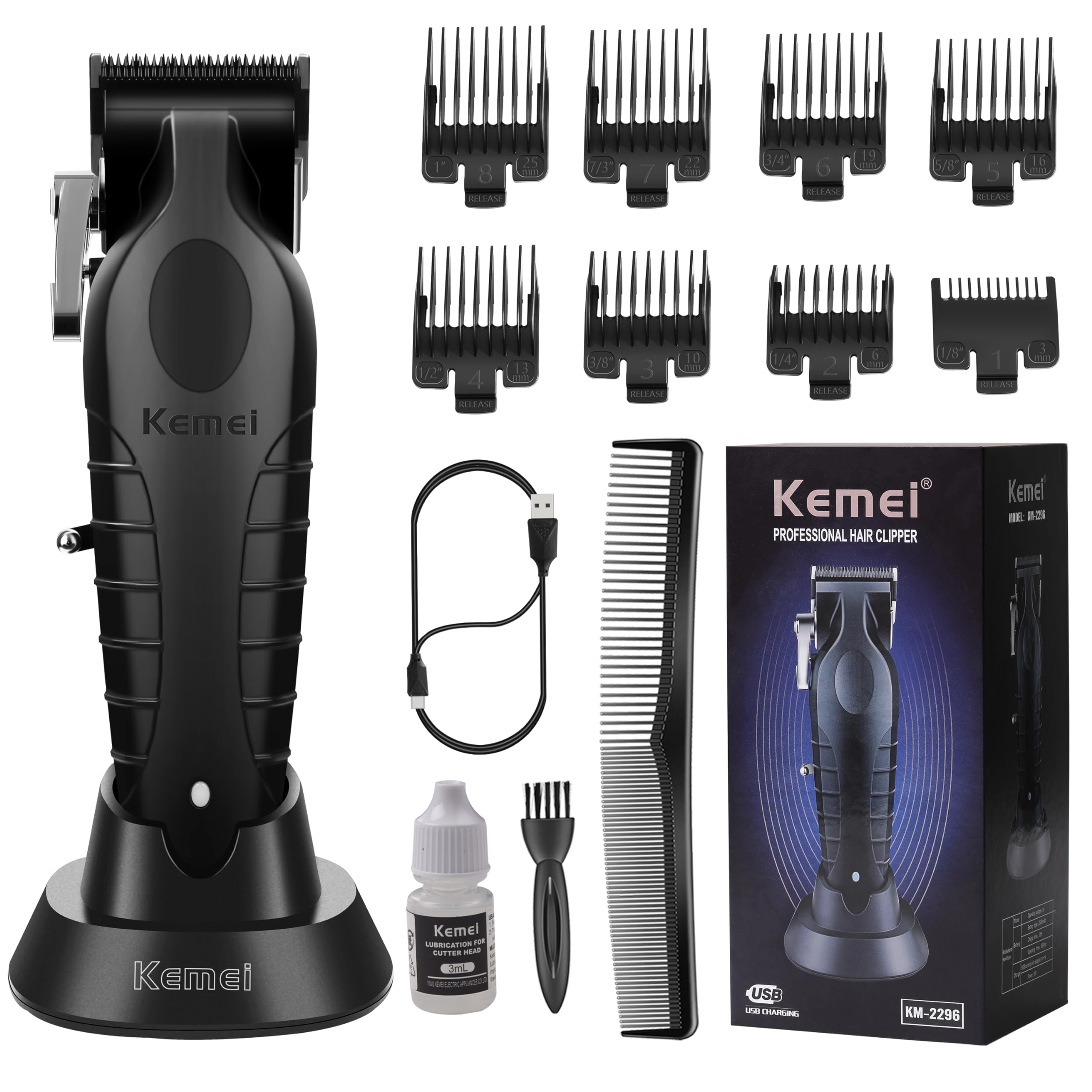 KEMEI2296 Professional Hair Clippers for Men Cord/Cordless Hair Cutting Kits, Hair & Beard Trimmer, T Blade Barber Clippers with USB Rechargeable, Black