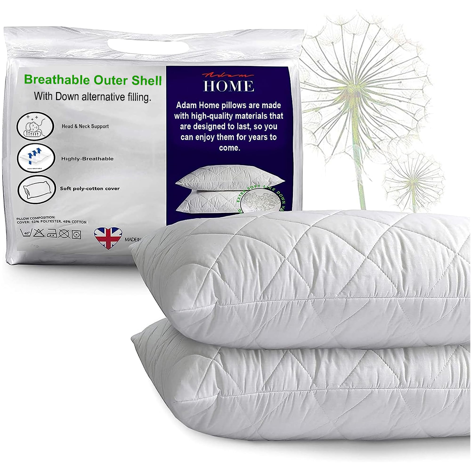 Adam Home Pillows 2 Pack Hotel Quality with Quilted Cover (2 Pillows) Filled Pillows for Stomach, Back and Side Sleeper, Down Alternative Bed Pillow-Soft Hollow-Fiber Hotel Pillows