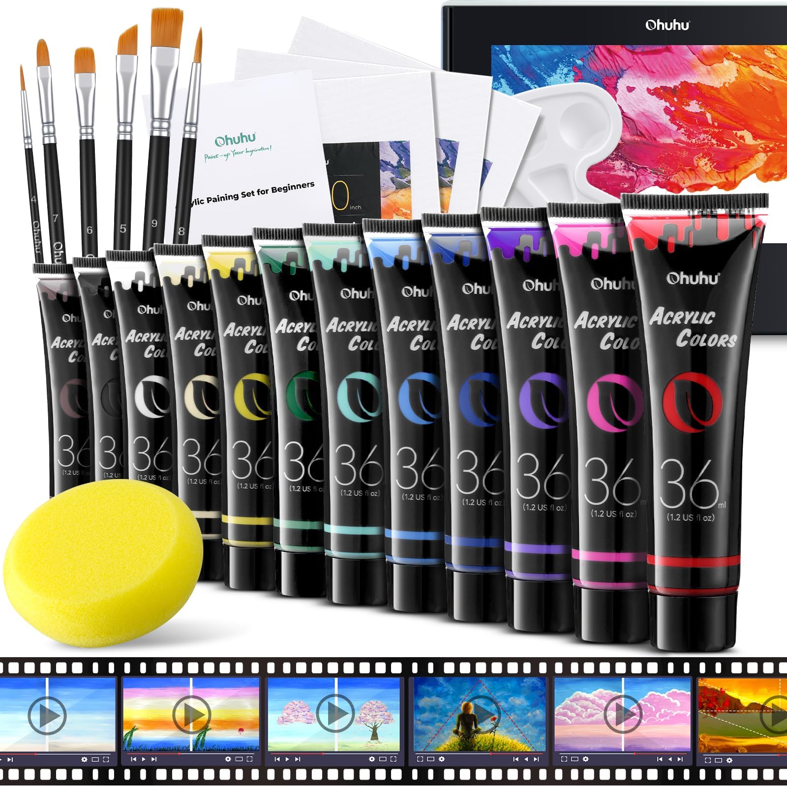 OhuhuAcrylic Paint Kits with Tutorial for Beginners- 36ml 12 Vibrant Colors with 6 Brushes 3 Paint Canvases Sponge for Kids Painting, Art Supplies for Ceramic, Wood, Fabric, Model, Rock, Metal