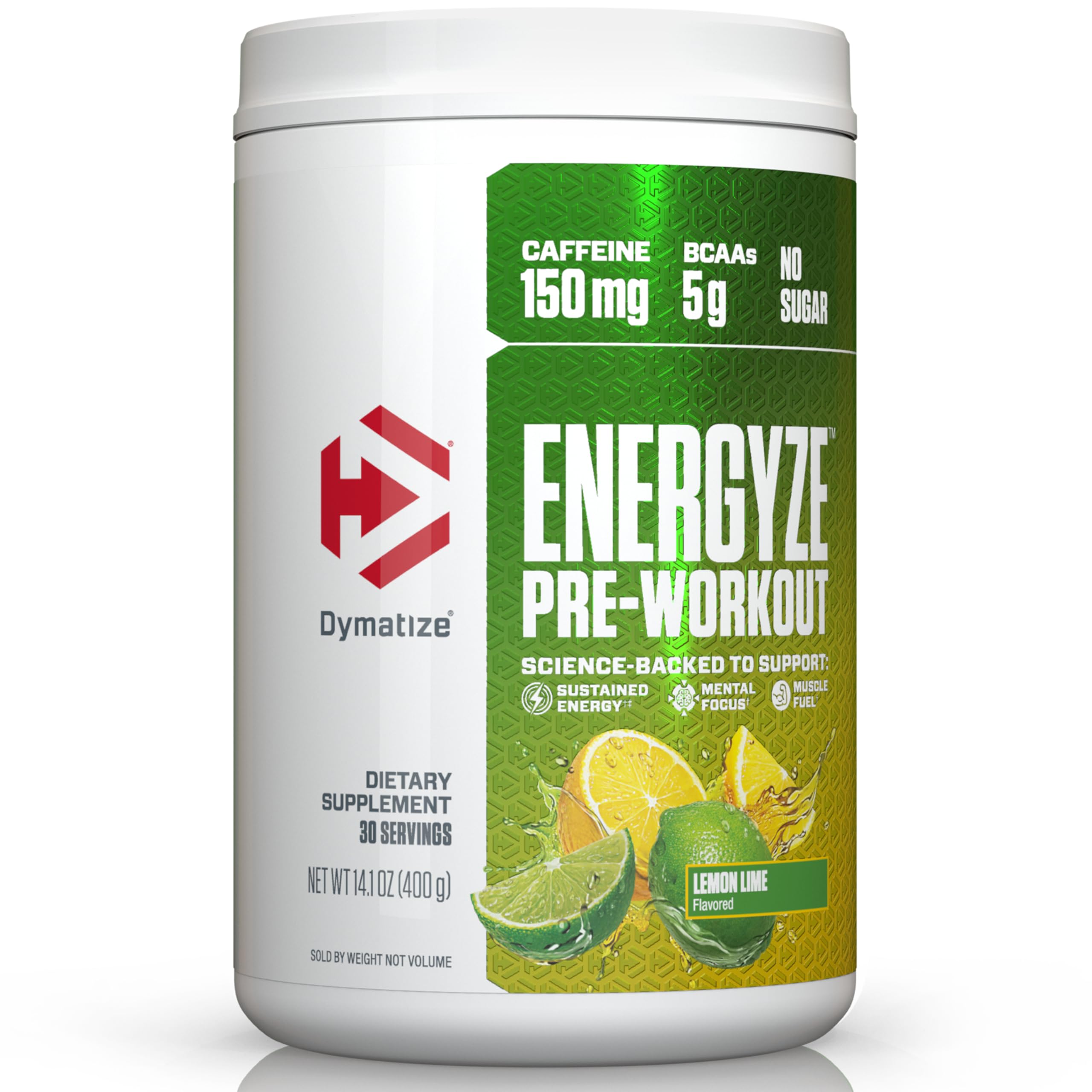 Dymatize Energyze Pre Workout Powder for Men and Women, Lemon Lime Flavor, 150mg Caffeine, 5g BCAAs, Performance Blend of L-Theanine, L-Tyrosine, L-Citrulline, No Sugar, 30 Servings