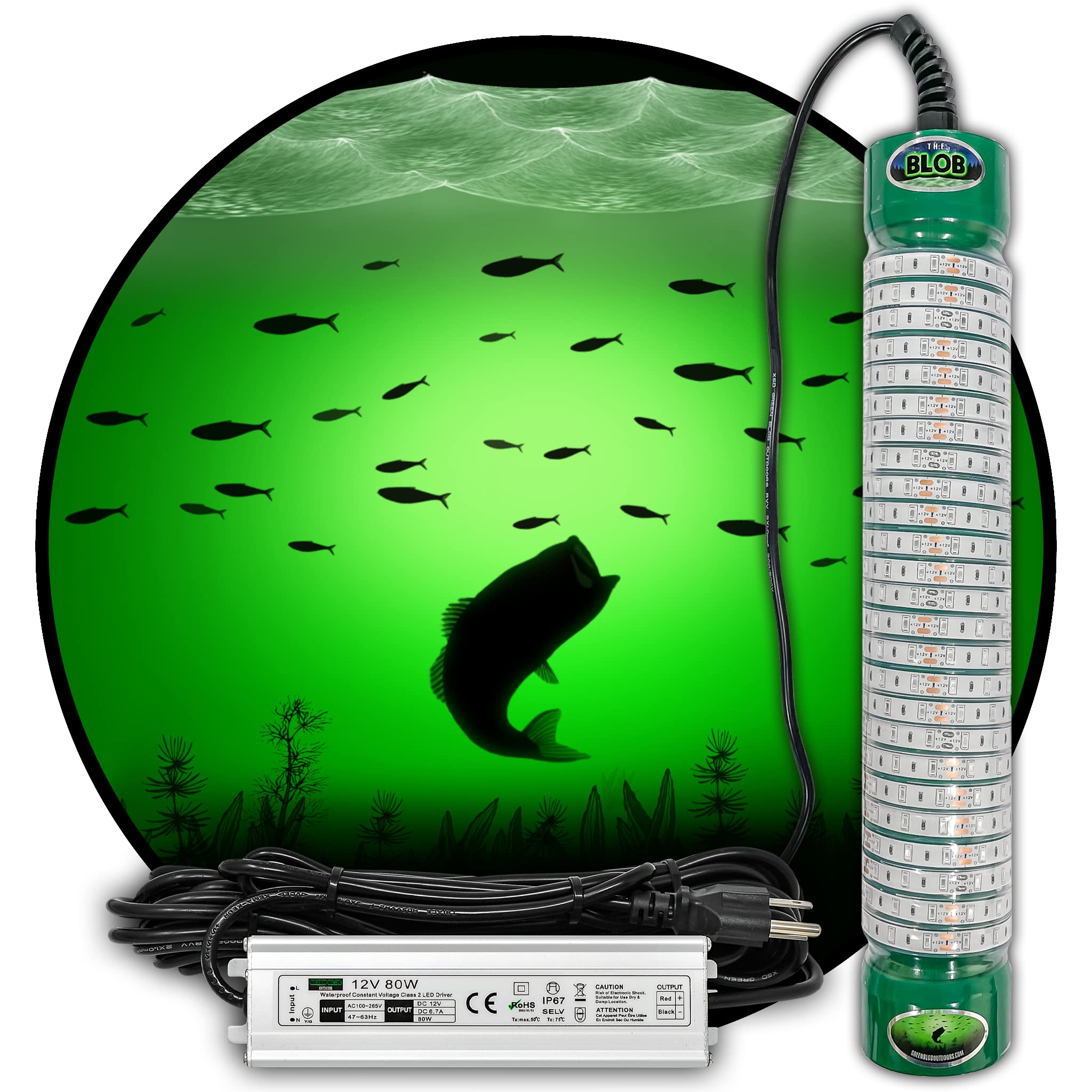 Green Blob Outdoors New Underwater Fishing Light 7500 or 15000 Lumen with 30ft or 50ft 110 Volt AC Power Cord, Crappie, Snook, Catfish, Striper, Bait, Fish Attractor (15000, 50Ft Cord) Made in Texas