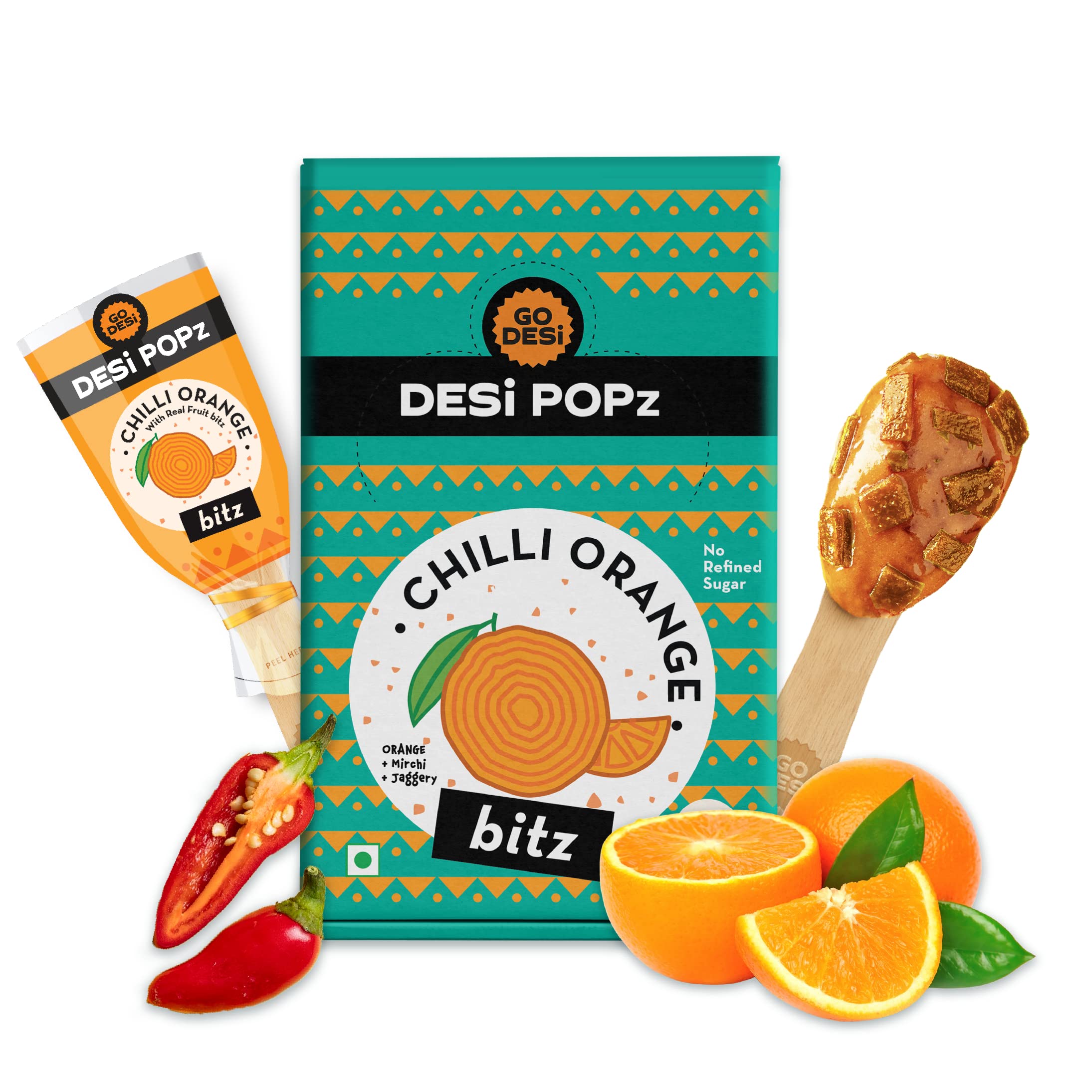 GO DESiPOPz with Bitz Chilli Orange Pop with real fruit bitz | 50 Pieces | Orange Candy