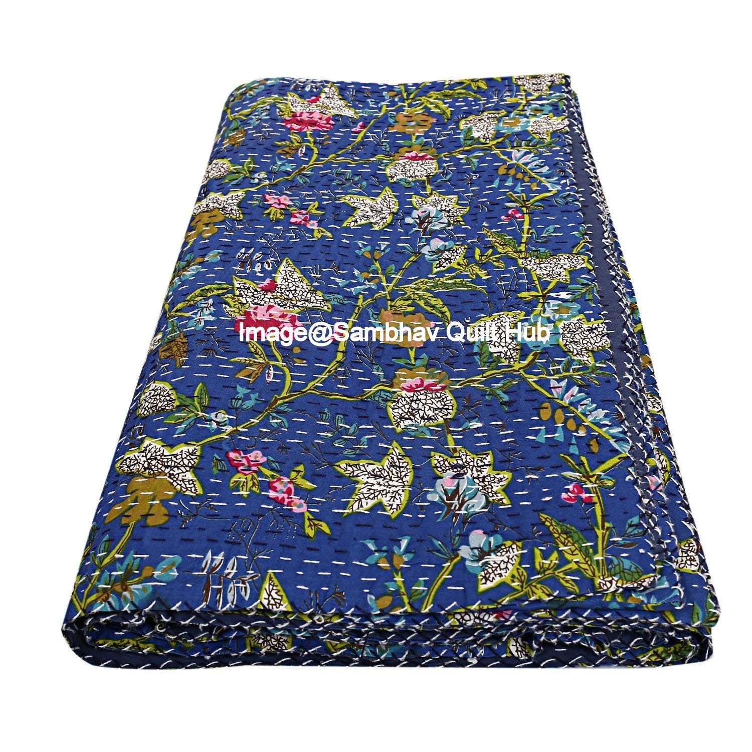 Sambhav Quilt Hub Queen/Twin/King Blue Handmade Kantha Bird of Paradise Print Quilting Kantha Quilt Kantha Blanket Bed Cover Kantha Bedspread Bohemian Bedding Kantha Blanket Throw (90X108 inches)