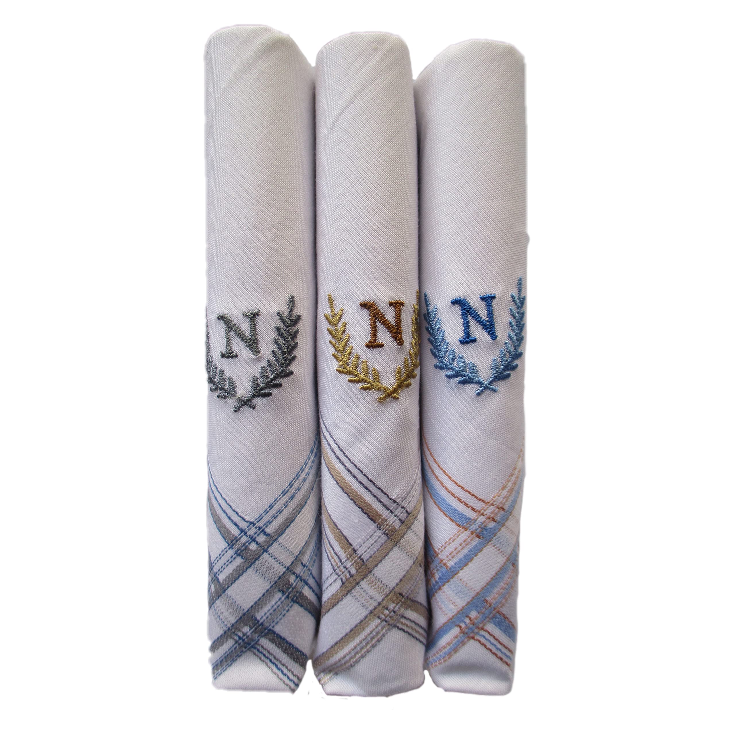 The White Square Men's Large Handkerchief in White with Initials (N) Pack of 3-613 W/C