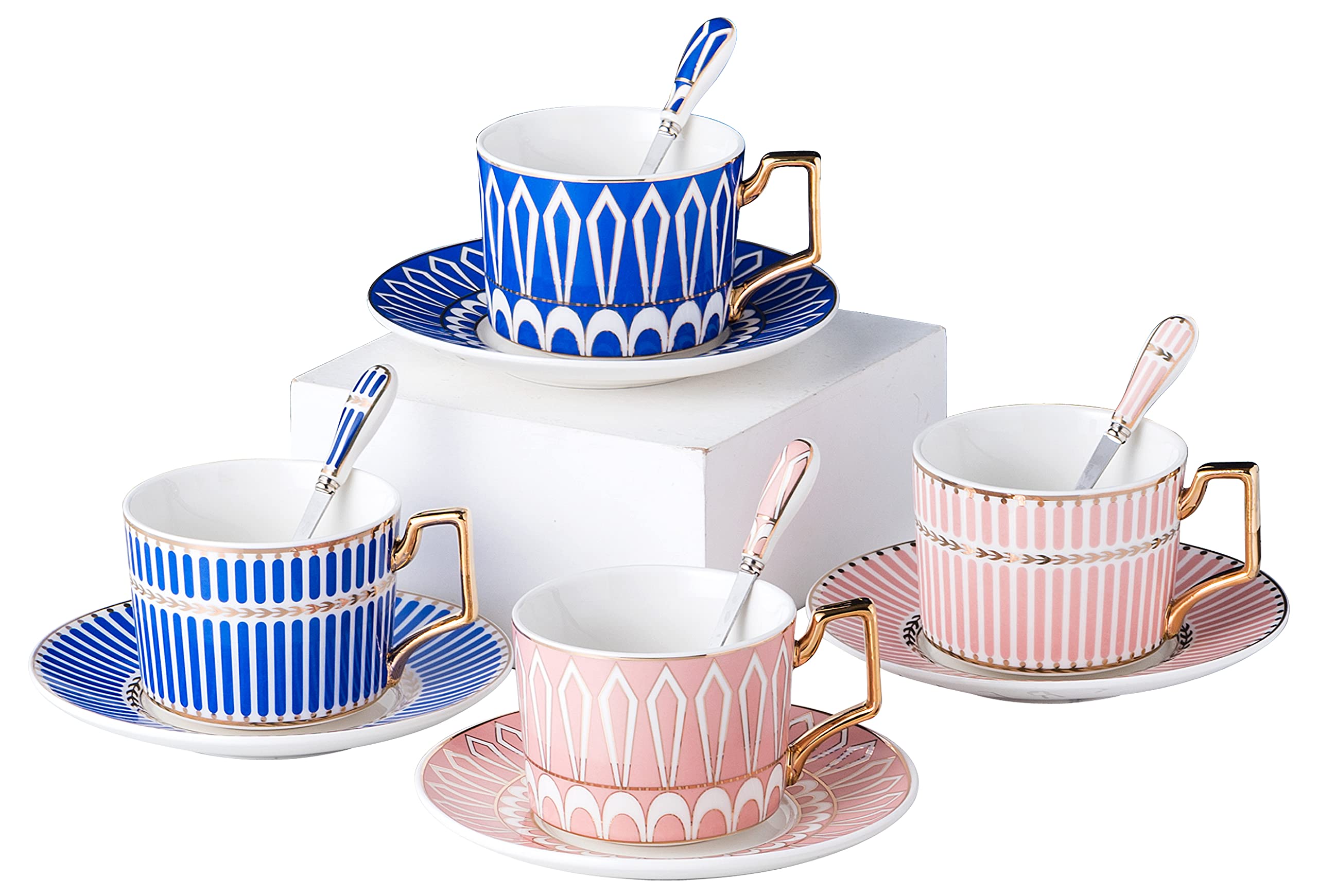 Jusalpha Set of 4 Elegant Modern Blue And Pink 7.4 oz Teacups and Saucers Set-Coffee Cup with Sauce, Spoons And Teacup Holder Bracket, TCS27 (Blue/Pink, Serve of 4)