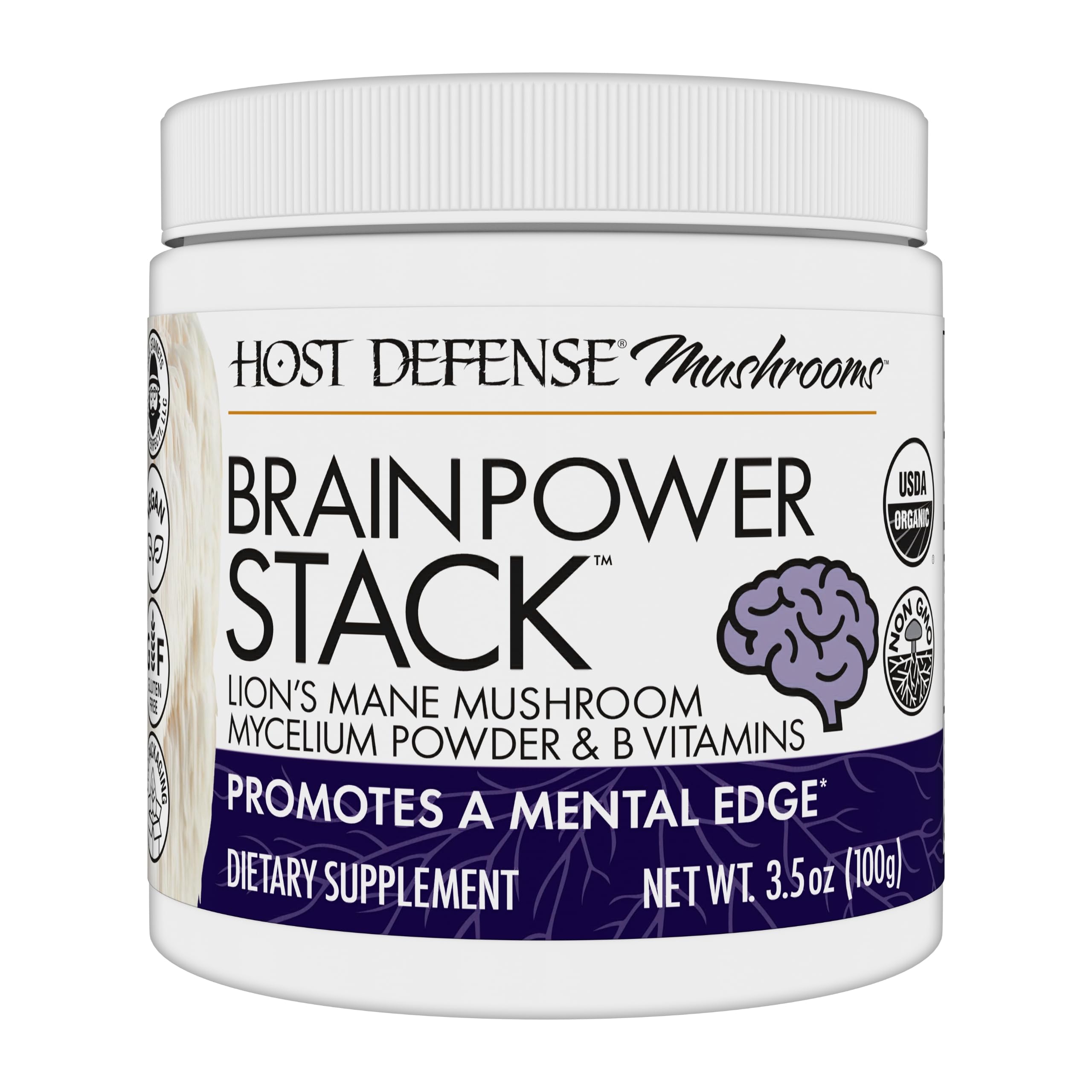 Host Defense BrainPower Stack Powder - Targeted Brain Support Supplement - Powder Mushroom Supplement with Lion's Mane, Niacin (B3) & Vitamin B12 - Herbal Brain Support - 100g (66 Servings)*