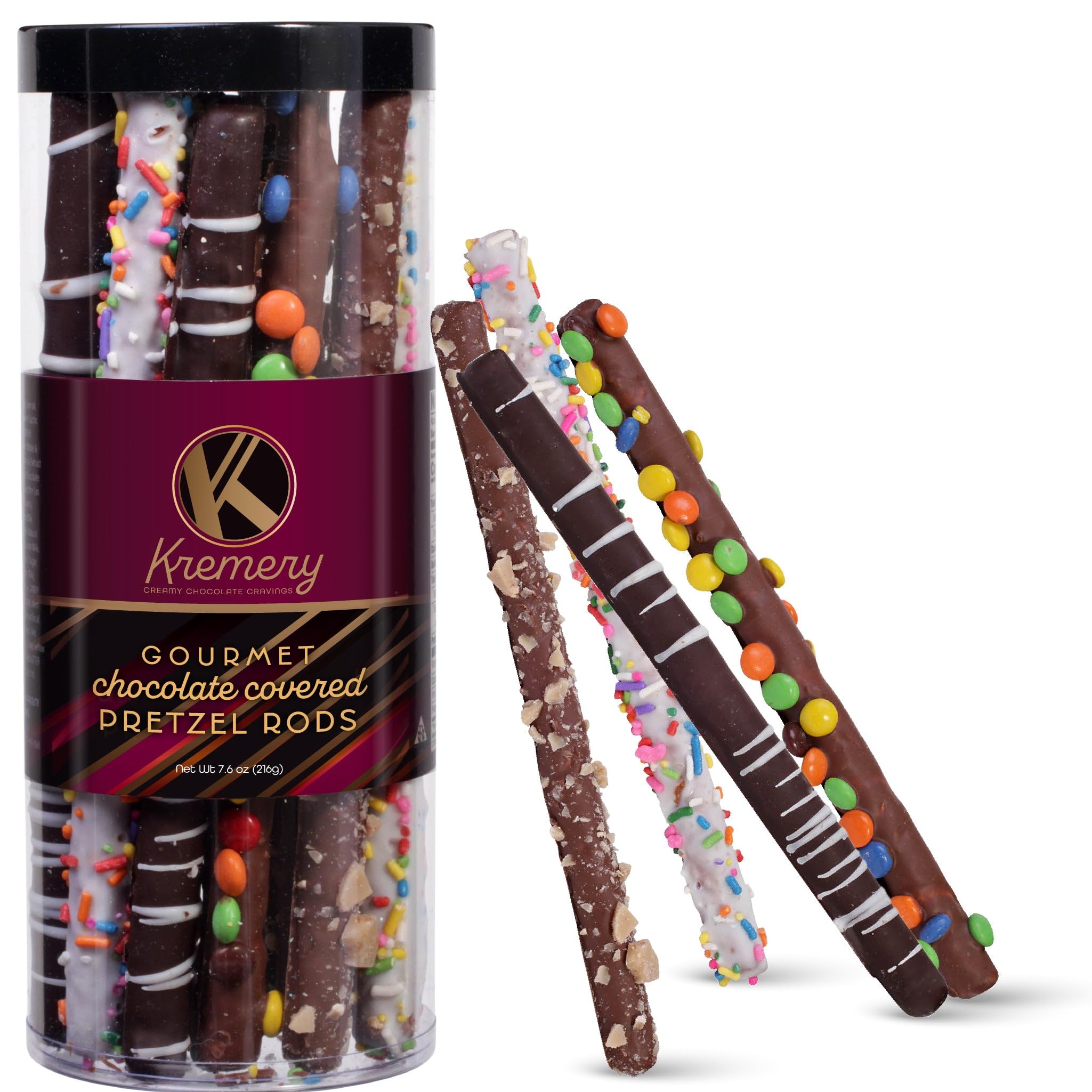 KREMERY Creamy Chocolate Cravings - Holiday Christmas Chocolate Covered Pretzel Rods Gift Basket in Clear Tube (8 Count) Xmas Kwanzaa Birthday Sweet Treats - Assorted Candy Toppings - Kosher Dairy