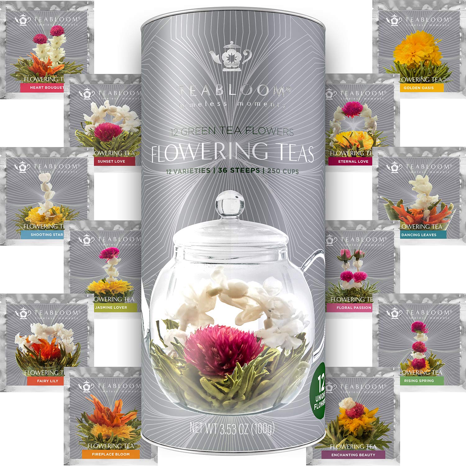 TeabloomFlowering Tea - 12 Unique Varieties of Blooming Tea Flowers - Hand-Tied Green Tea Leaves & Edible Flowers - 12-Pack Gift Canister