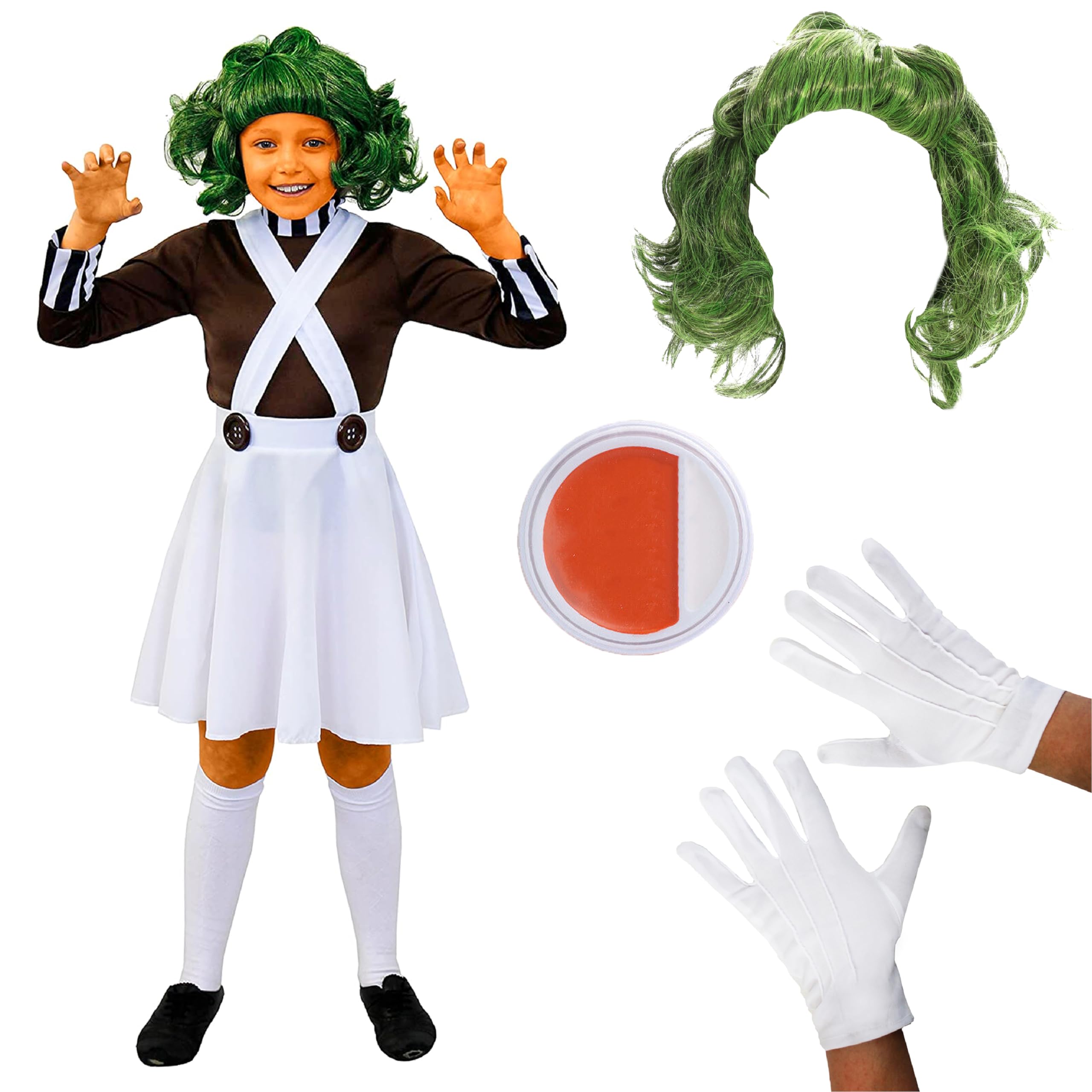 Girls Chocolate Factory Worker Childs Fancy Dress Costume - Book Week Deluxe Set Brown Top - White Dungaree Skirt - Green Worker Wig - Orange Facepaint - White Gloves