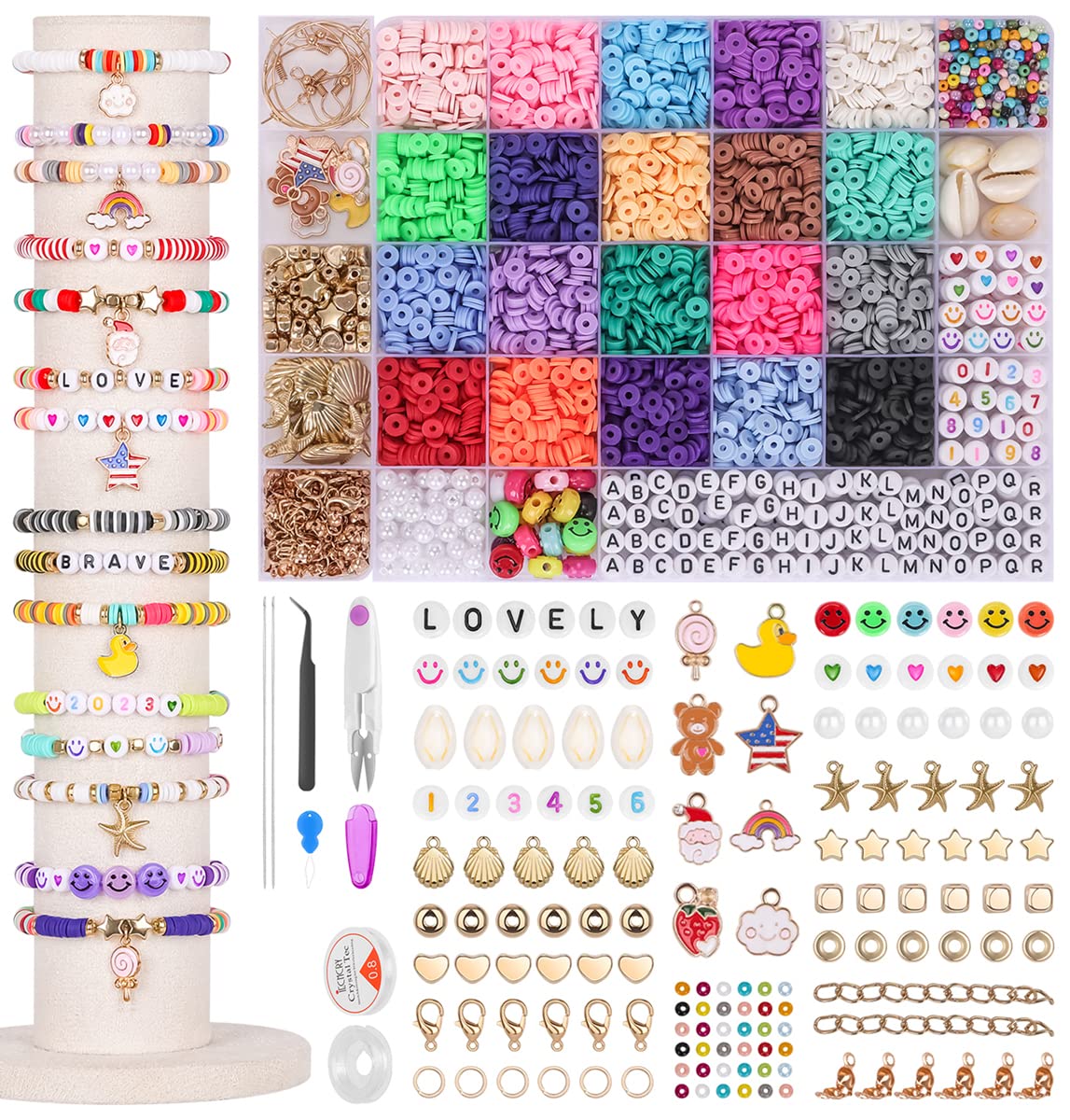 Bracelet Making Kit 6000+ Pcs, Clay Beads for Jewelry Making DIY, Heishi Flat Round Polymer Letter Spacer Bead Kits with Cute Pendant Charms and Elastic Strings Gifts for Girls, Kids & Adults