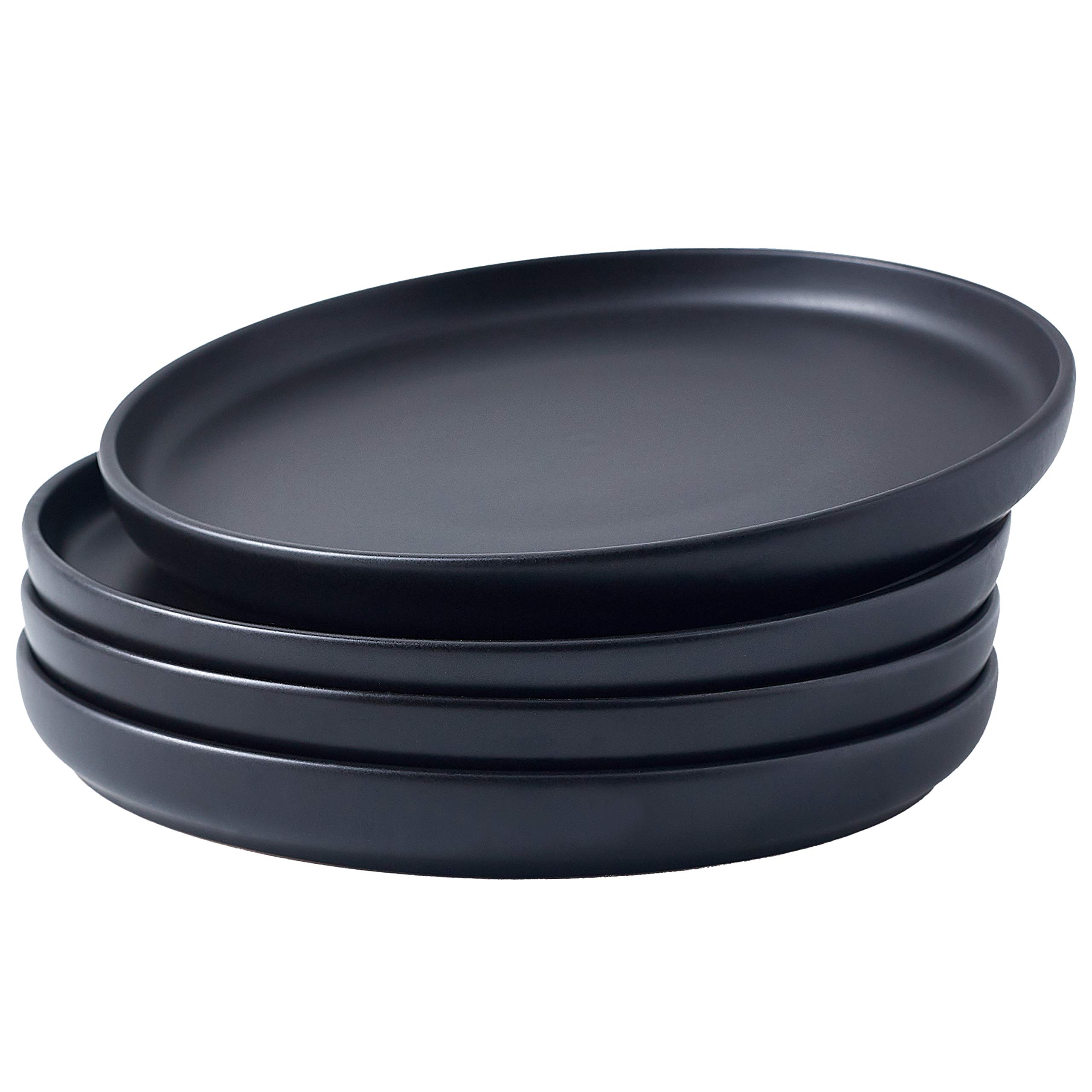 Bruntmor 11 Inch Ceramic Plate Set of 4, Round Ceramic Pasta Salad Plate for Dinner, Dinnerware Plate Set for 4, Dishwasher and Oven Safe, Black