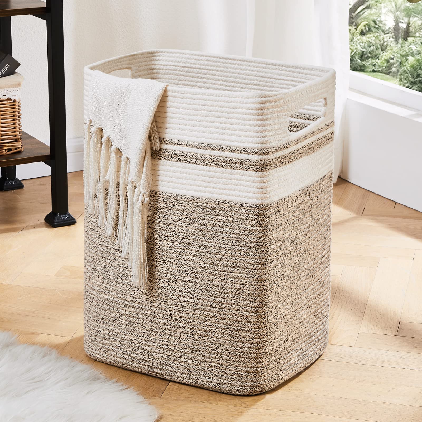 OIAHOMYLaundry Hamper-Laundry Basket,Tall Cotton Storage Basket with Handles,Decorative Blanket Basket for Living room,Collapsible Large Basket for Toys,Pillows,Clothes-16x13x22in-Yellow variegated