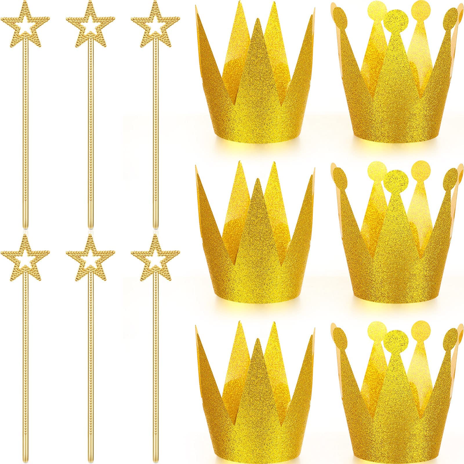 Gold Star Wand Glitter Crowns Party Sets Include 6 Gold Star Fairy Wand and 6 Pieces Princess Prince Party Crowns Hats Birthday Decorations Party Role Play Dress-Up Photo Prop