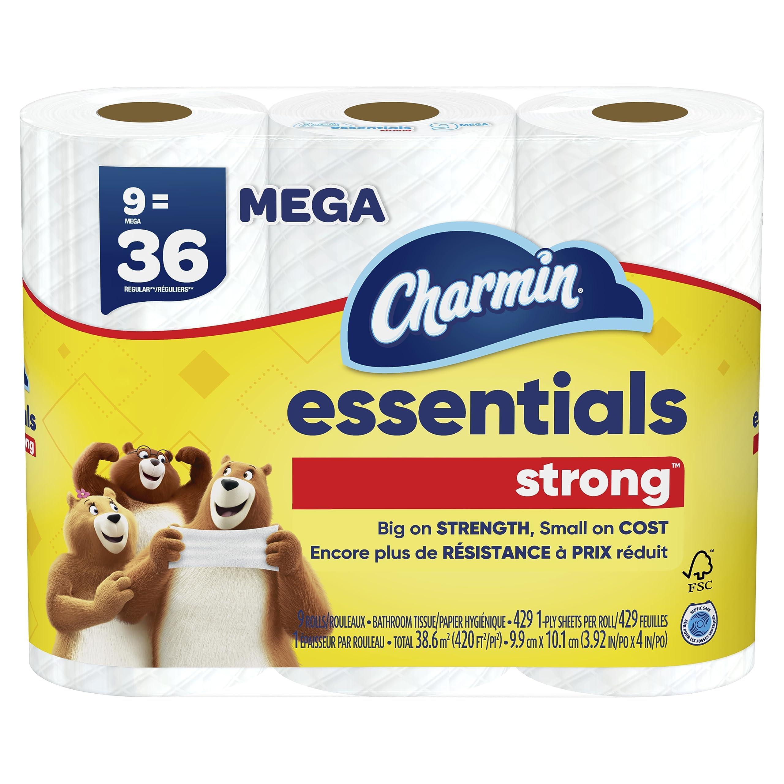 Charmin Essentials Strong Toilet Paper, 9 Mega Rolls = 36 Regular Rolls