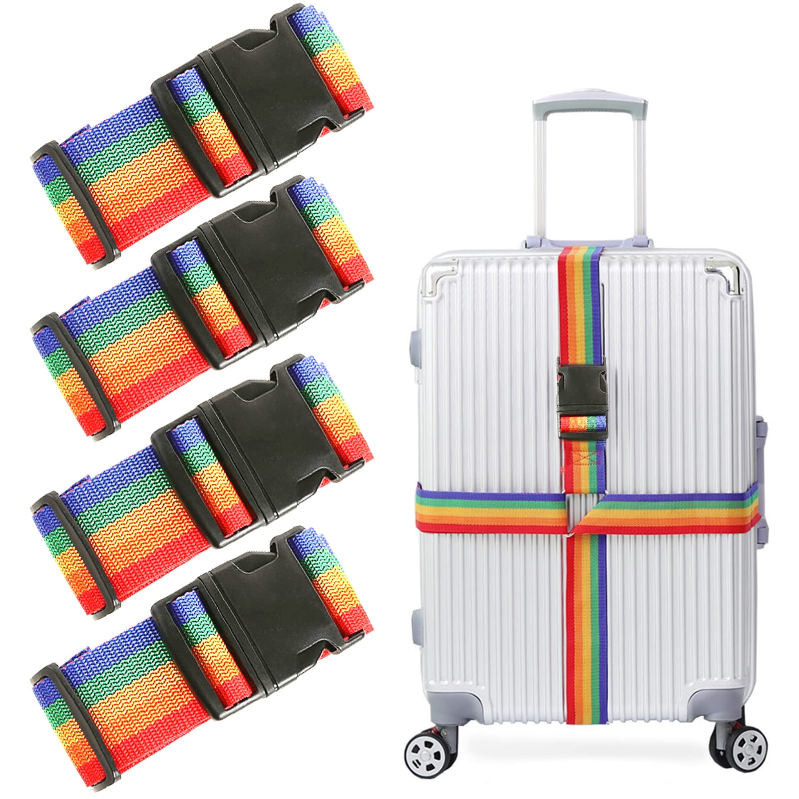 Suitcase Strap 4 Pack, Suitcase Belts Luggage Straps Personalised, Travel Straps for Luggage to Secure Bag to Suitcase Adjustable Rainbow Bag Strap