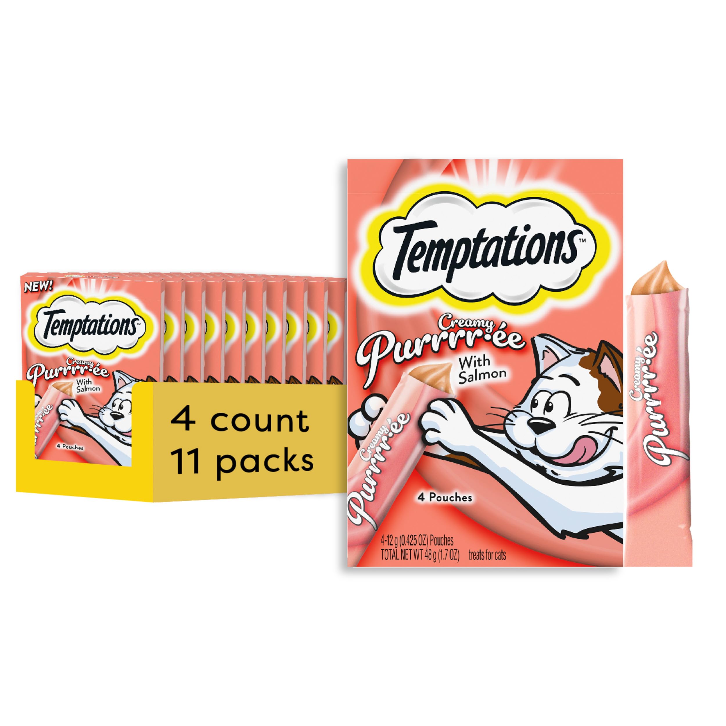 Temptations Creamy Puree with Salmon Lickable, Squeezable Cat Treats, 0.42oz Pouches, 4 Count (Pack of 11)