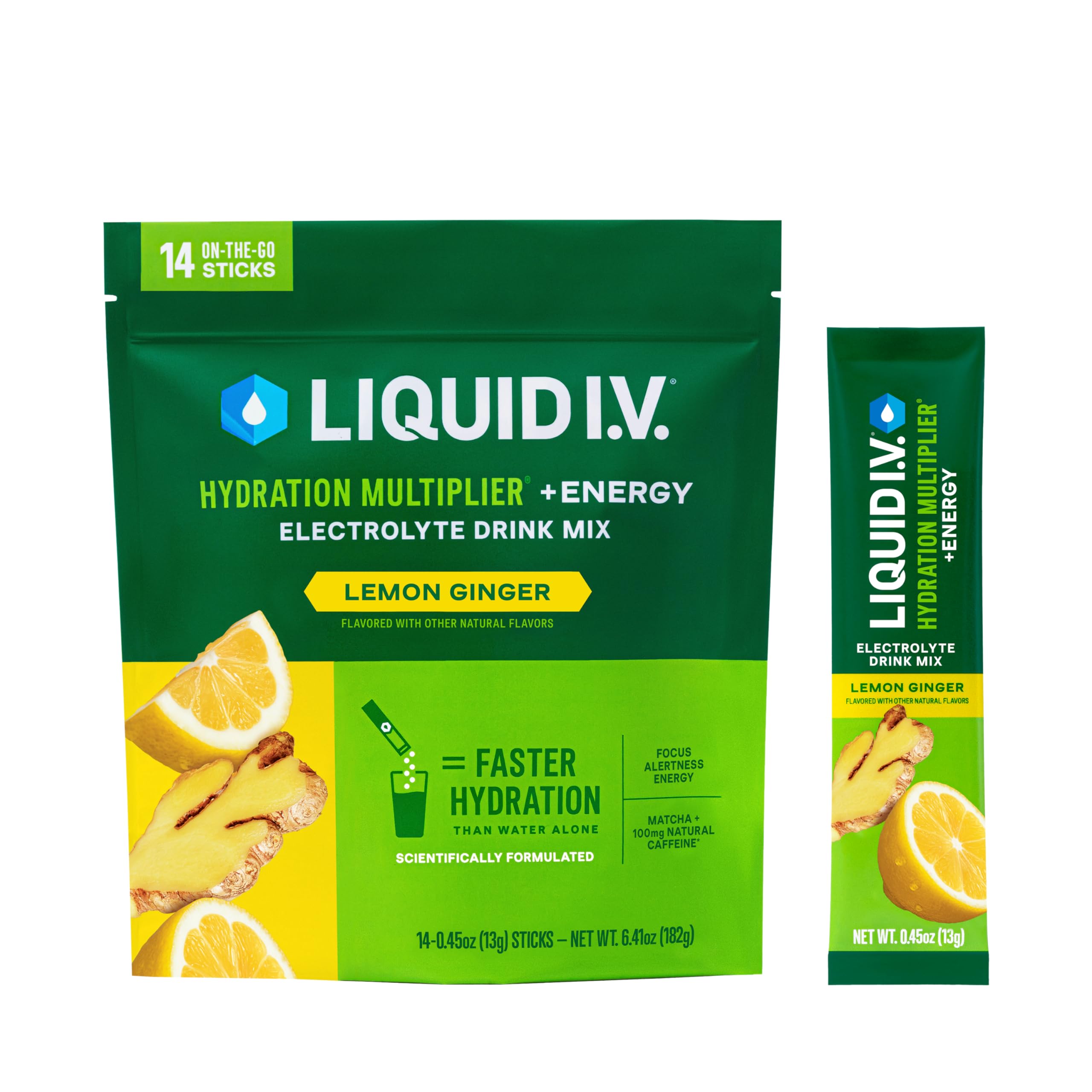 Liquid I.V.® Hydration Multiplier® +Energy - Lemon Ginger - Hydration Powder Packets | Electrolyte Powder Drink Mix | Convenient Single-Serving Sticks | Non-GMO | 14 Servings (Pack of 12)