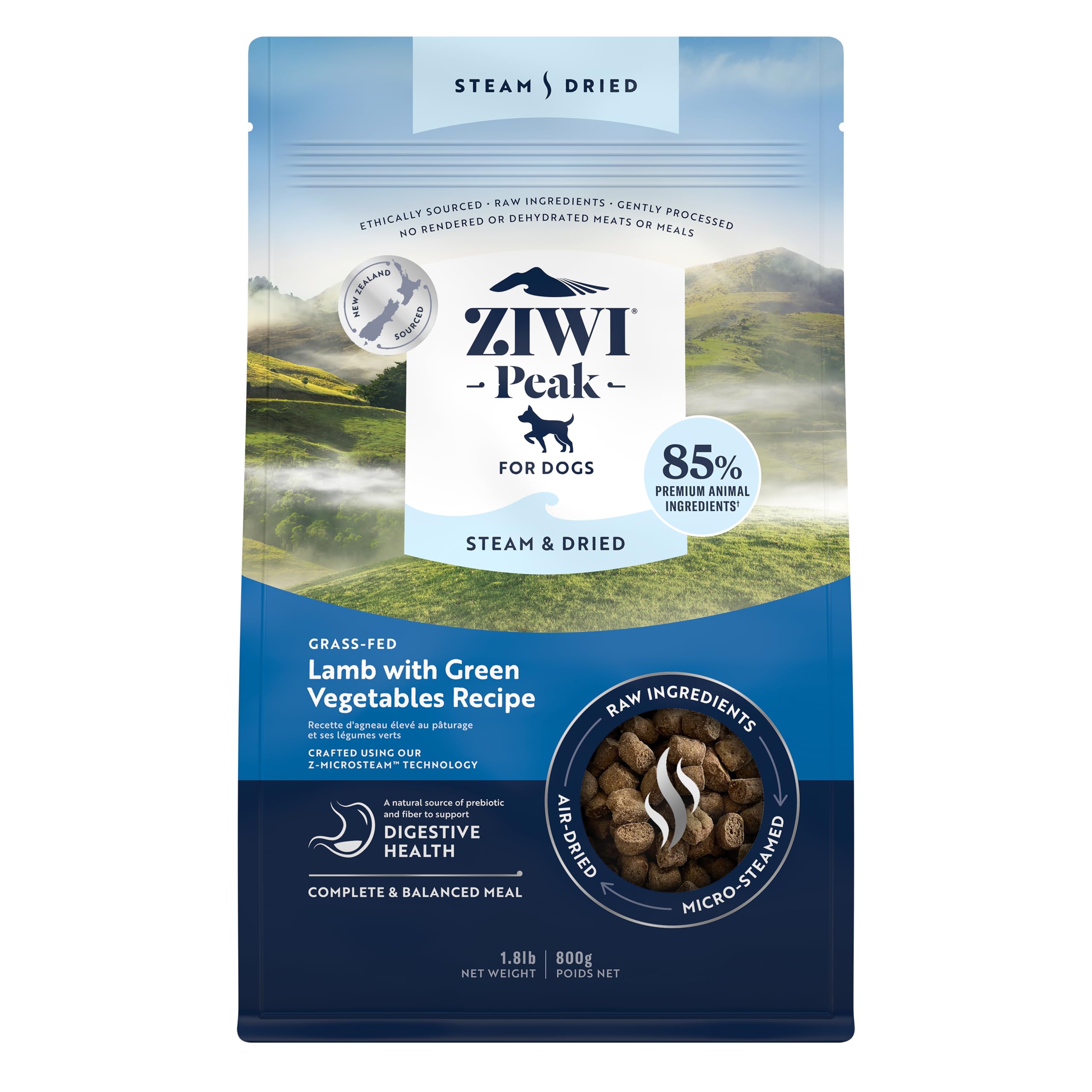 ZIWIPeak Steam & Dried Dog Food - Grass-fed Lamb w/Vegetables - High Protein, Low Carb, All Breeds & Lifestages, for Digestive Health (28.8oz)